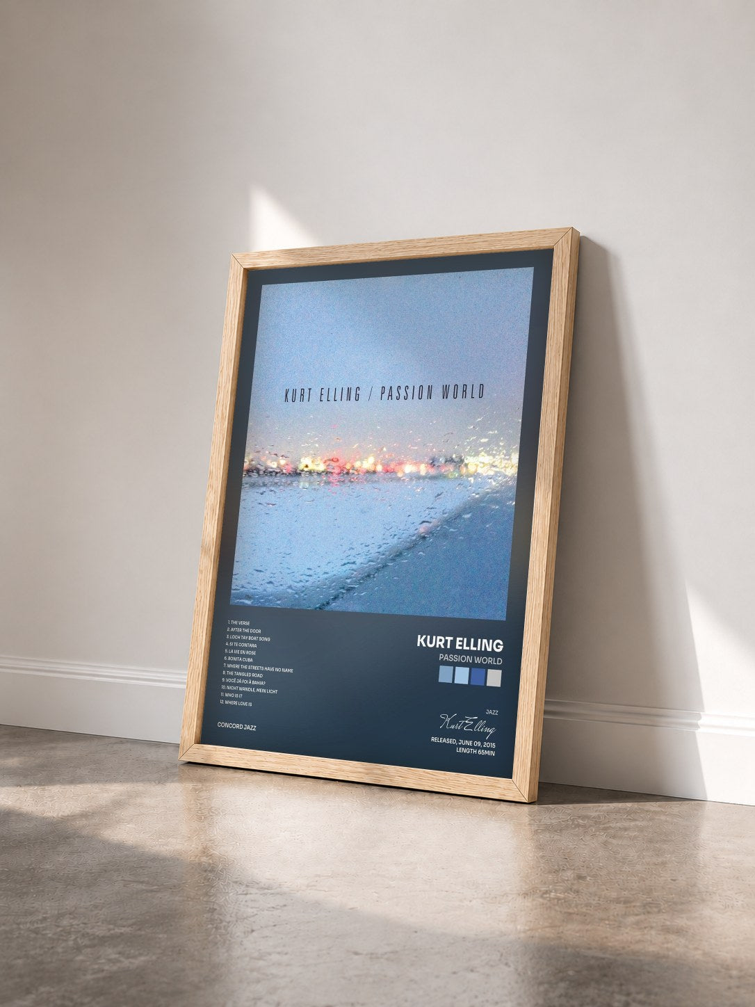 #bois Tableau de l'album Passion World de Kurt Elling vu de trois quarts, cadre en bois brut
