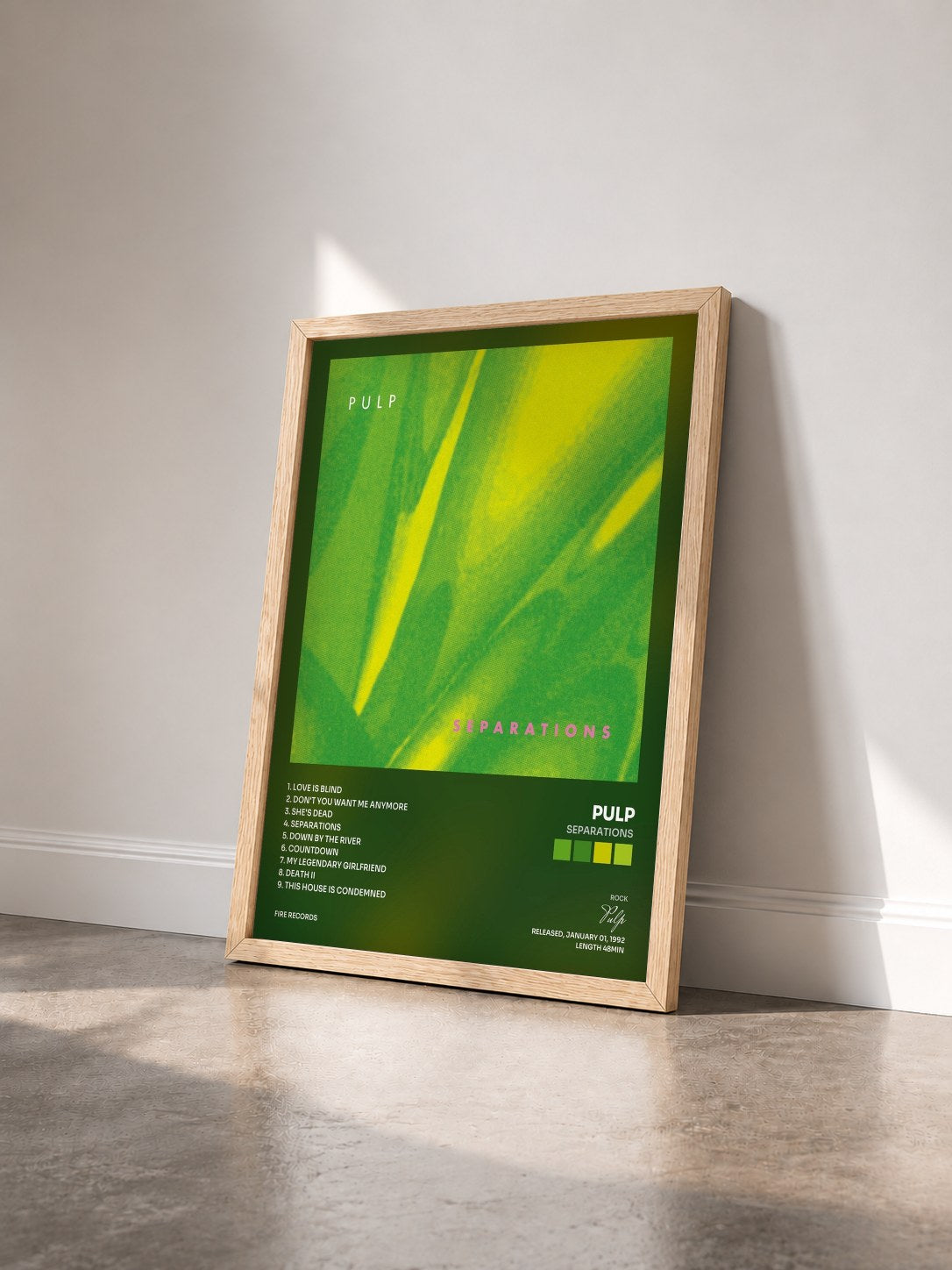 #bois Tableau de l'album Separations de Pulp vu de trois quarts, cadre en bois brut