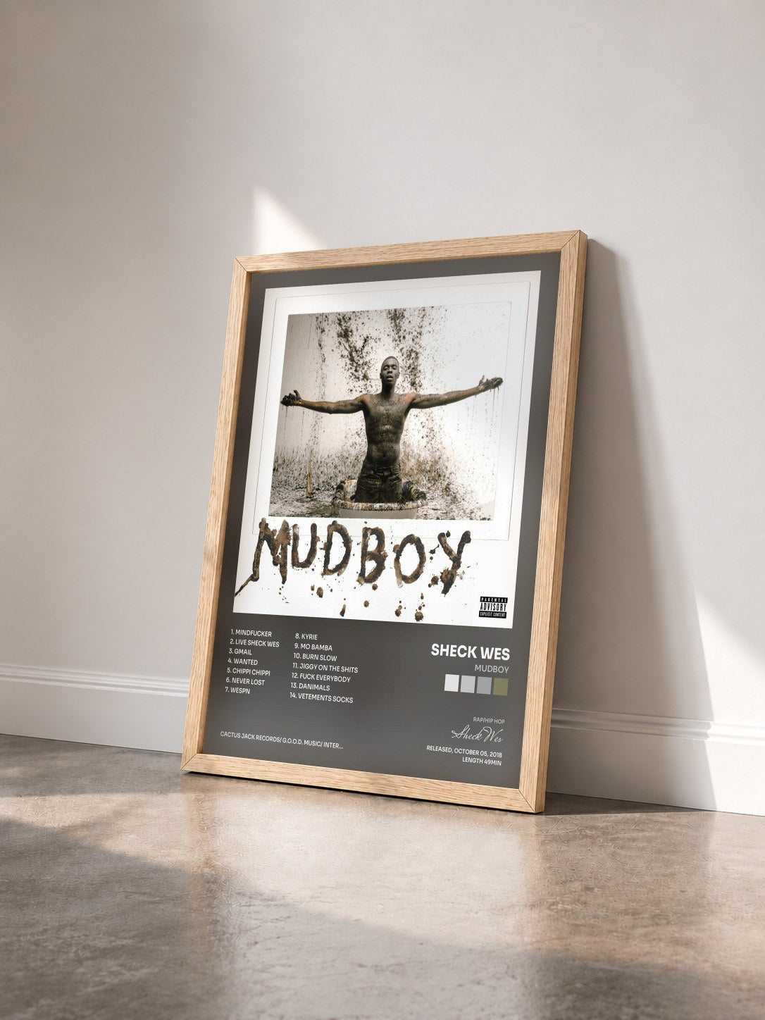 #bois Tableau de l'album MUDBOY de Sheck Wes vu de trois quarts, cadre en bois brut