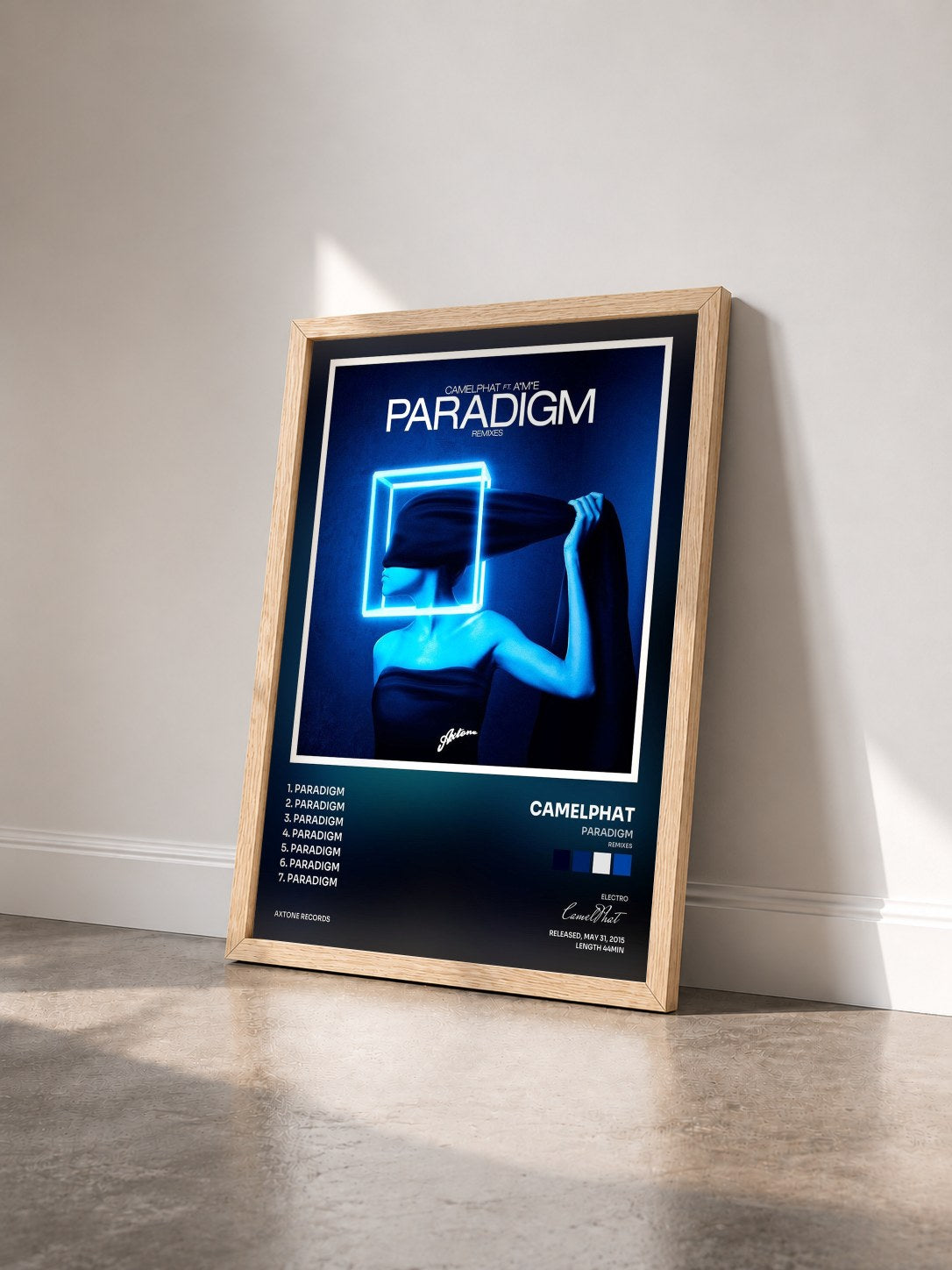 #bois Tableau de l'album Paradigm (Remixes) de CamelPhat vu de trois quarts, cadre en bois brut