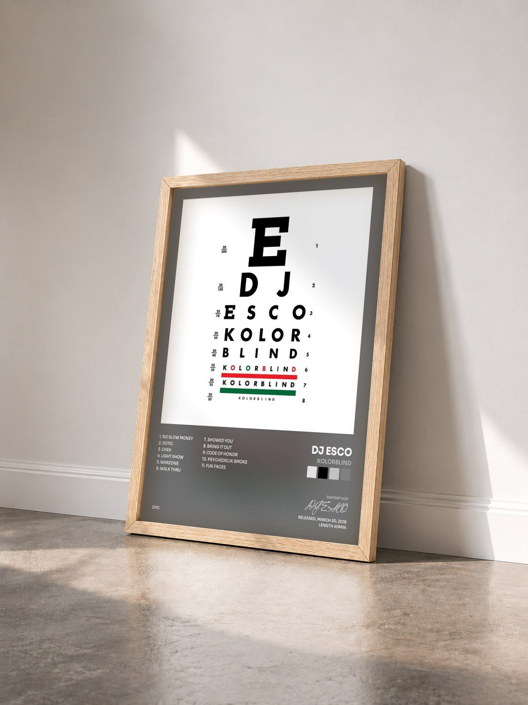 #bois Tableau de l'album KOLORBLIND de DJ ESCO vu de trois quarts, cadre en bois brut