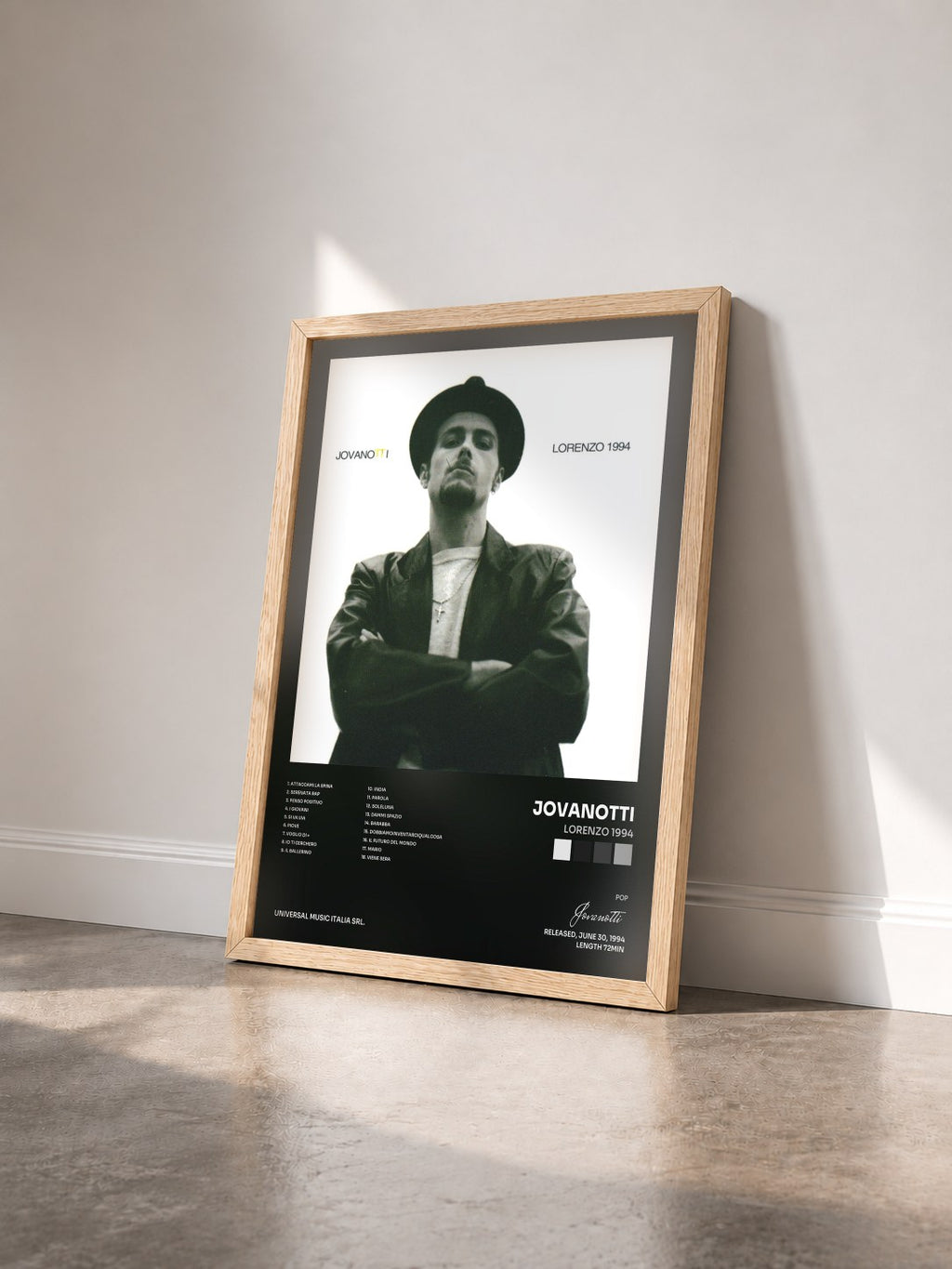 #bois Tableau de l'album Lorenzo 1994 de Jovanotti vu de trois quarts, cadre en bois brut