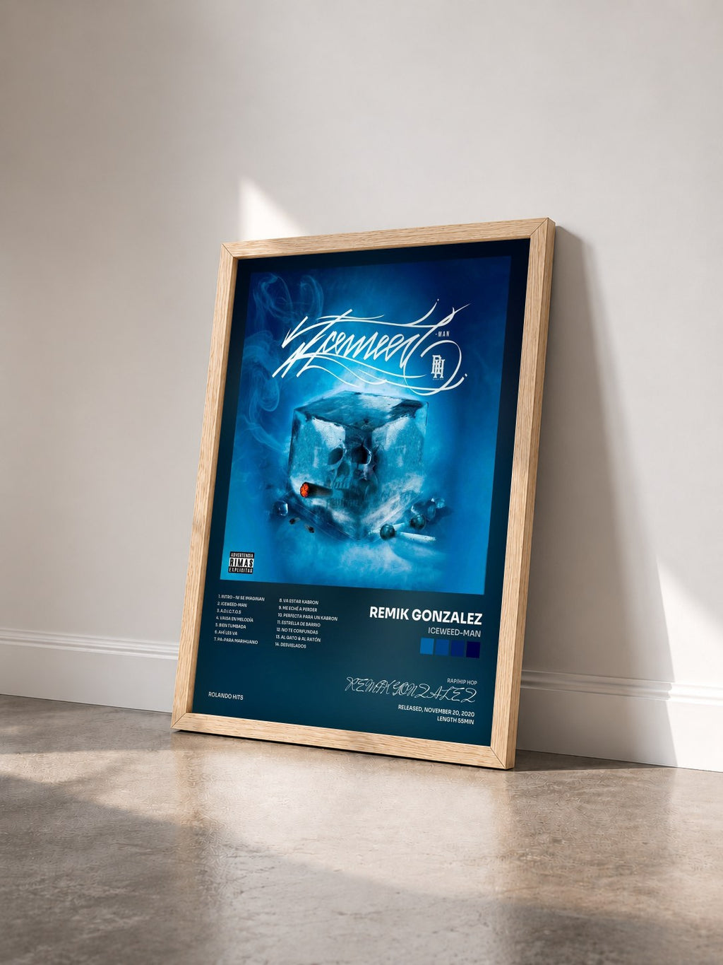 #bois Tableau de l'album IceWeed-Man de REMIK GONZALEZ vu de trois quarts, cadre en bois brut