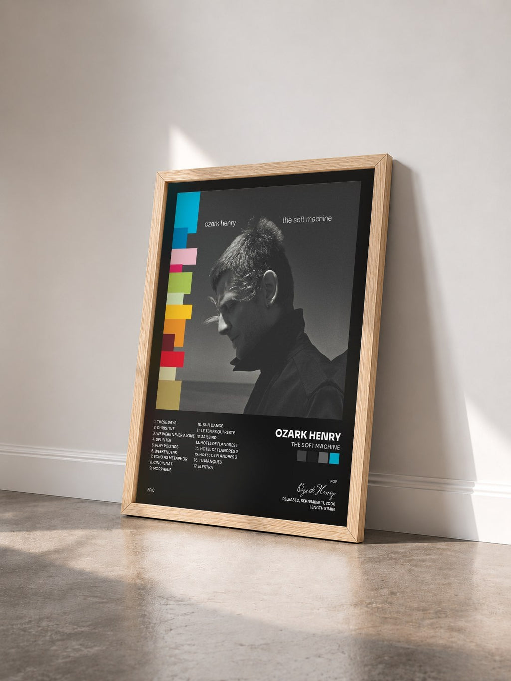 #bois Tableau de l'album The Soft Machine de Ozark Henry vu de trois quarts, cadre en bois brut