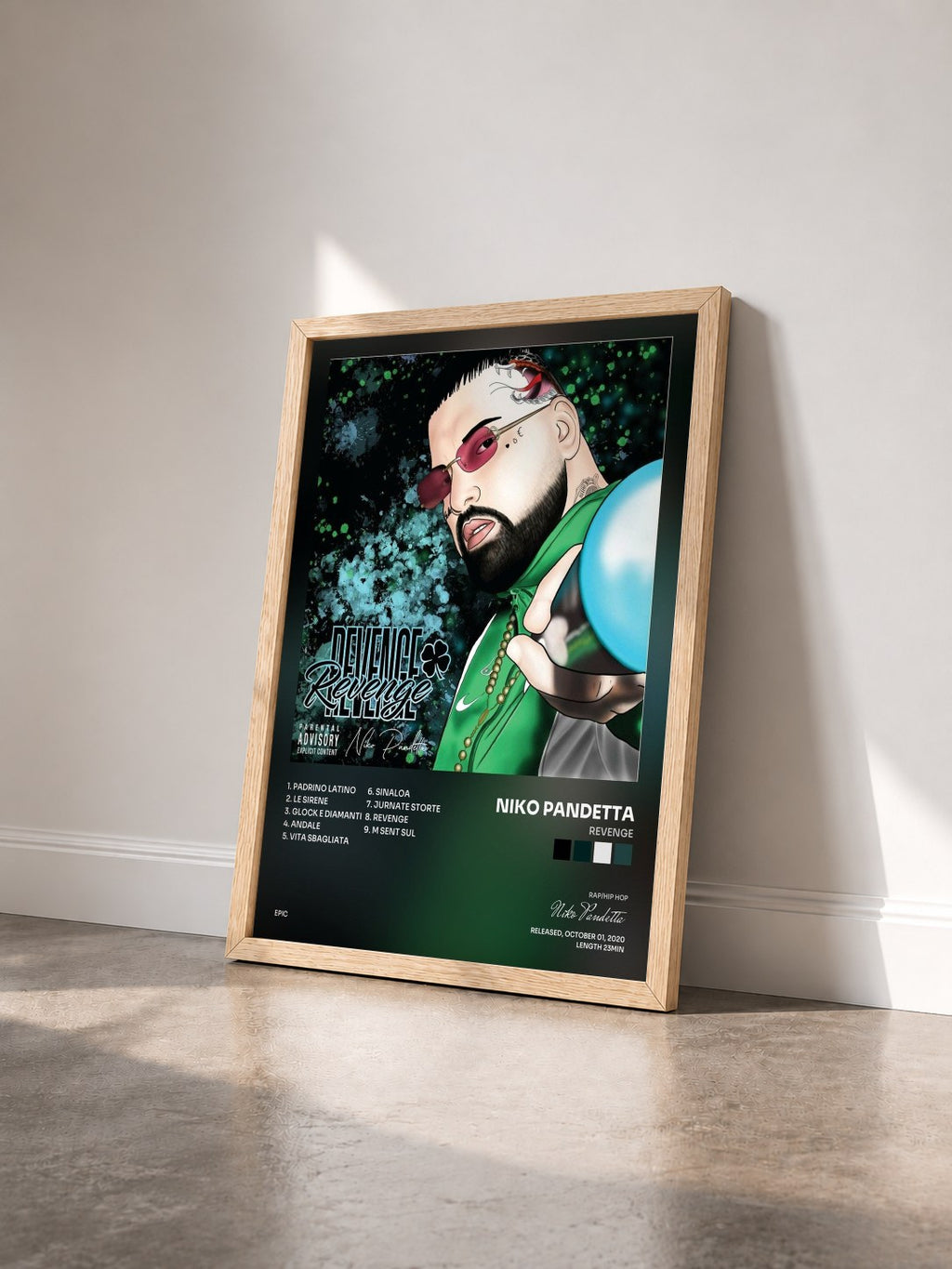 #bois Tableau de l'album Revenge de Niko Pandetta vu de trois quarts, cadre en bois brut