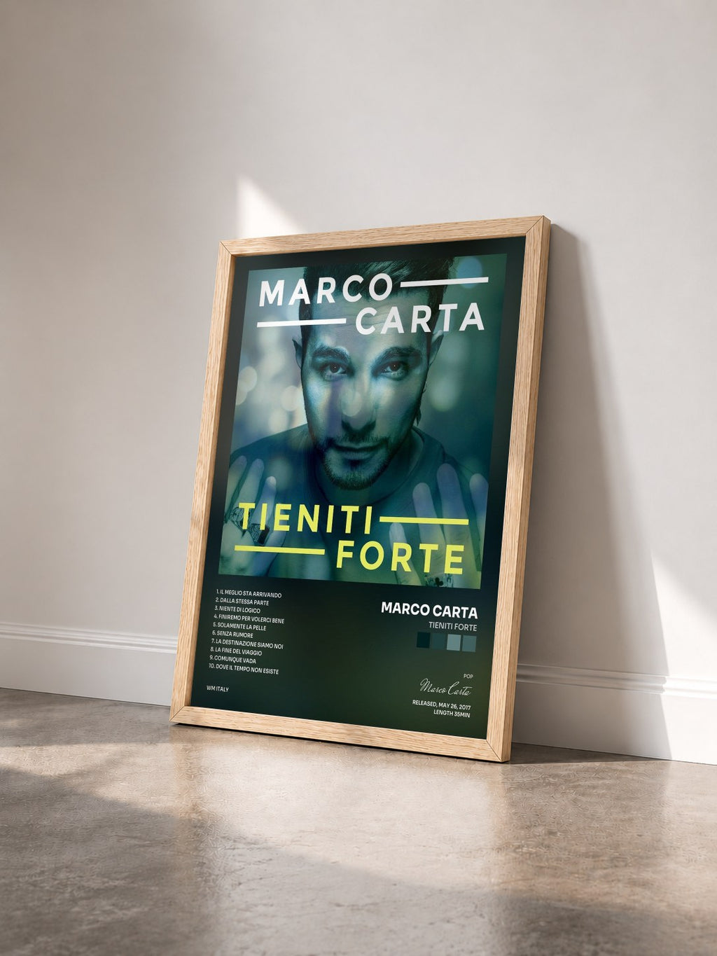#bois Tableau de l'album Tieniti forte de Marco Carta vu de trois quarts, cadre en bois brut