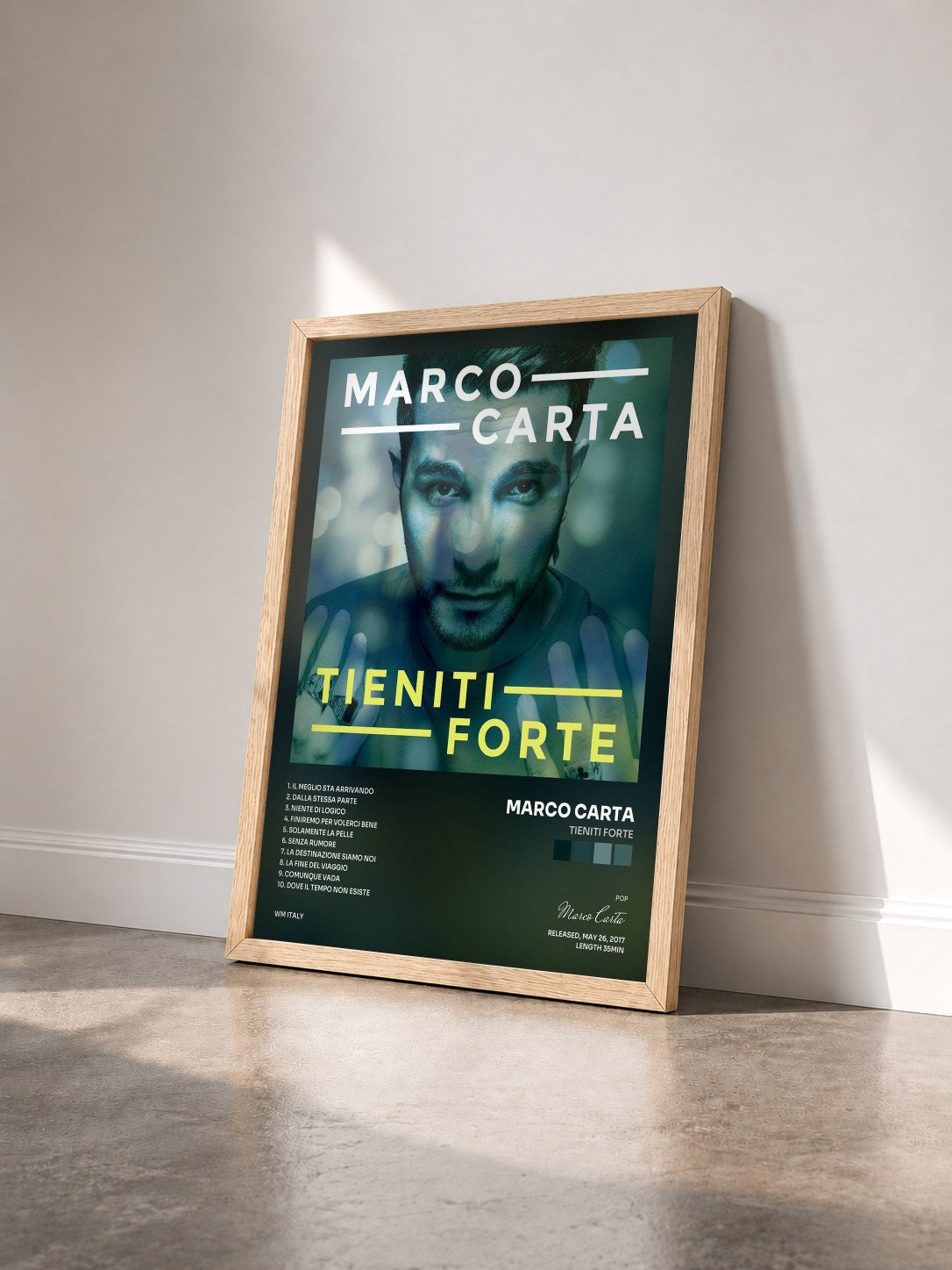 #bois Tableau de l'album Tieniti forte de Marco Carta vu de trois quarts, cadre en bois brut