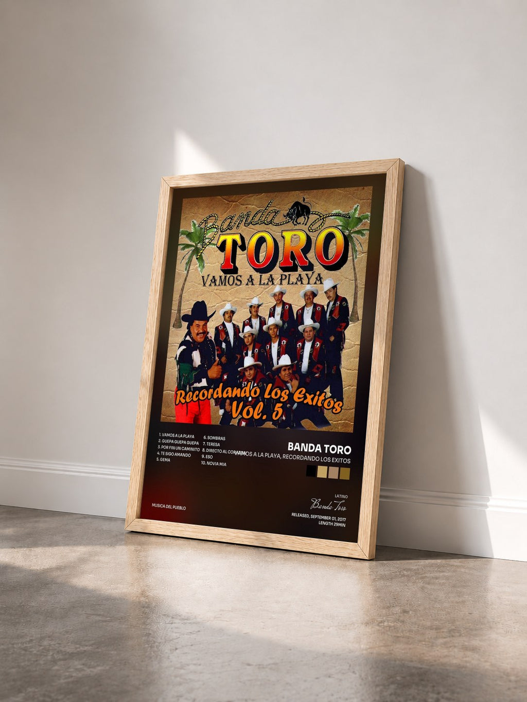 #bois Tableau de l'album Vamos a la Playa, Recordando los Exitos de Banda Toro vu de trois quarts, cadre en bois brut