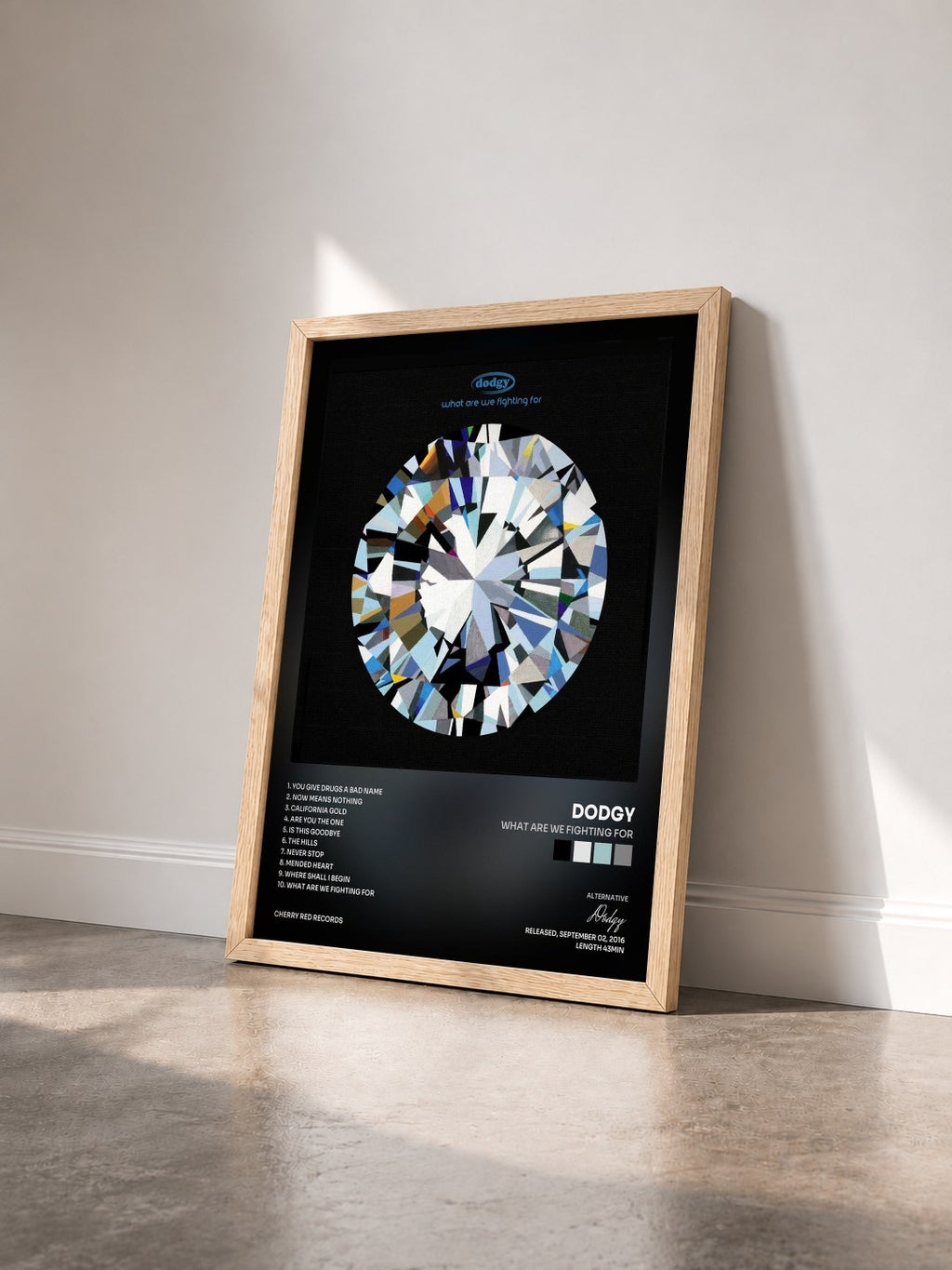 #bois Tableau de l'album What Are We Fighting For de Dodgy vu de trois quarts, cadre en bois brut