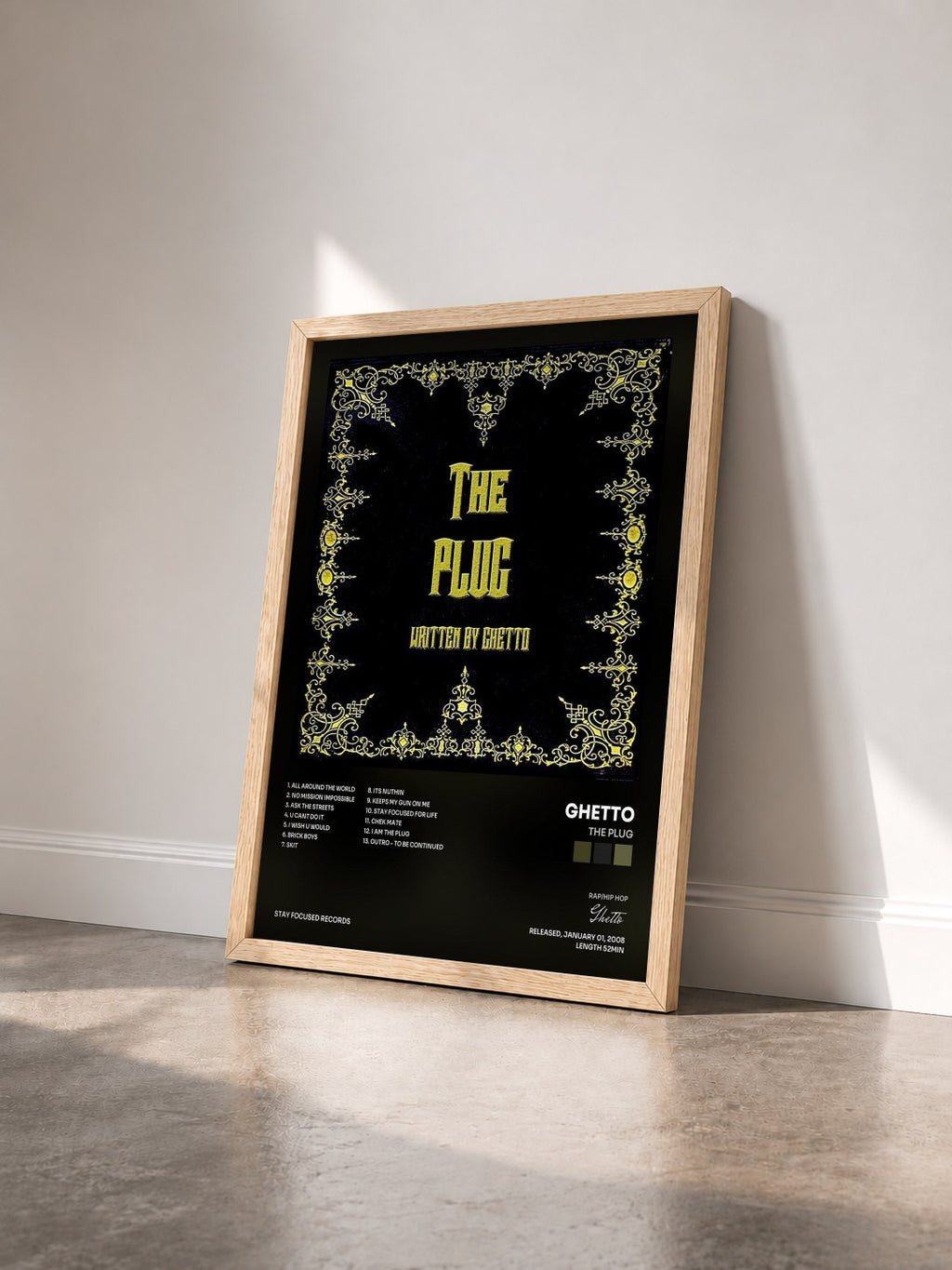 #bois Tableau de l'album The Plug de Ghetto vu de trois quarts, cadre en bois brut