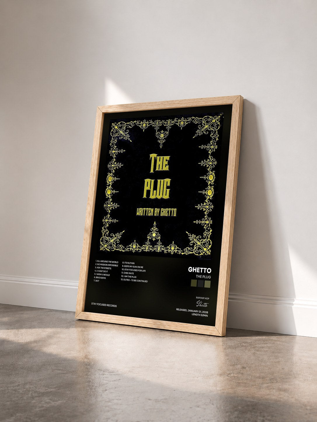 #bois Tableau de l'album The Plug de Ghetto vu de trois quarts, cadre en bois brut
