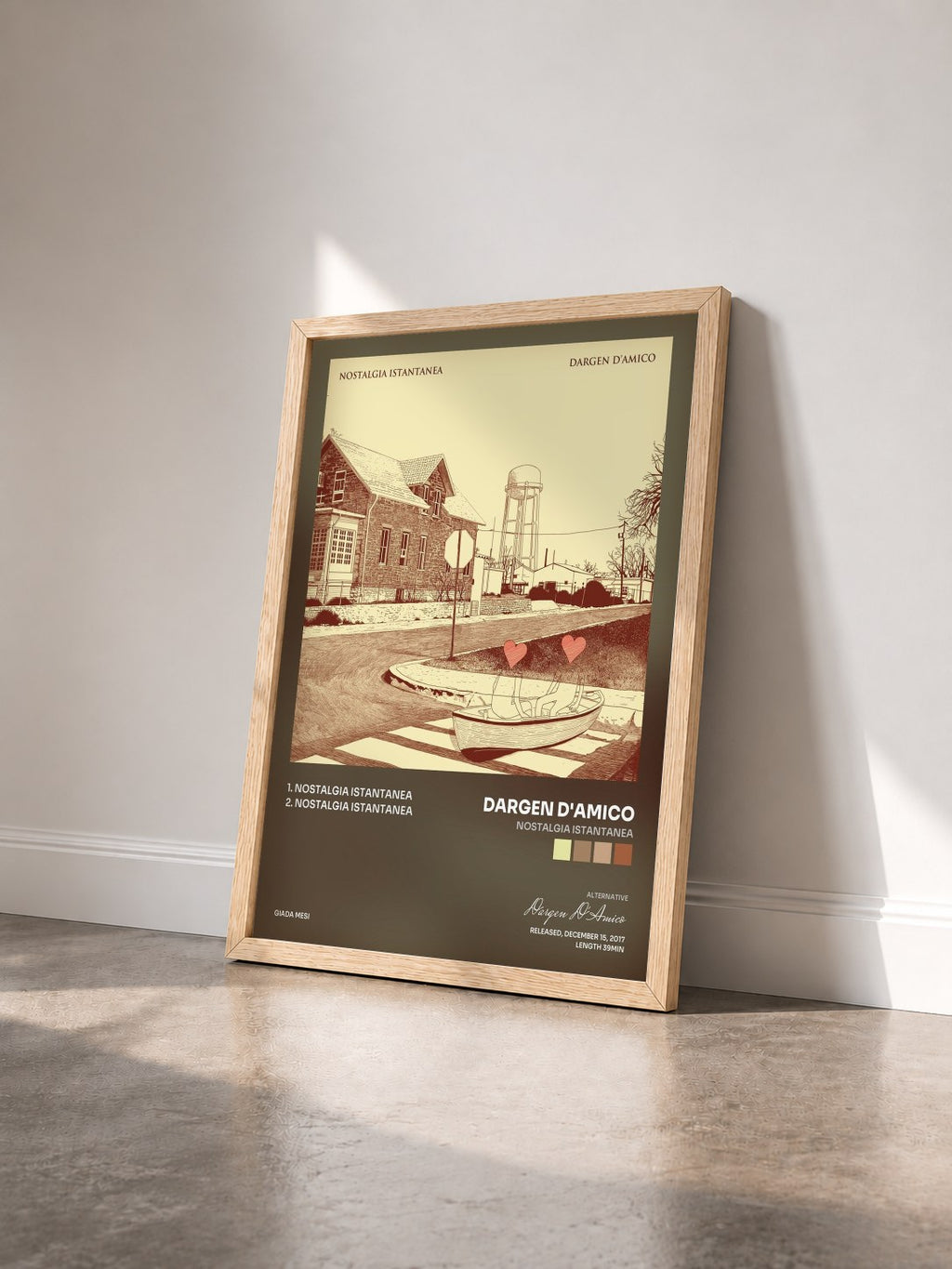 #bois Tableau de l'album Nostalgia istantanea de Dargen D'Amico vu de trois quarts, cadre en bois brut