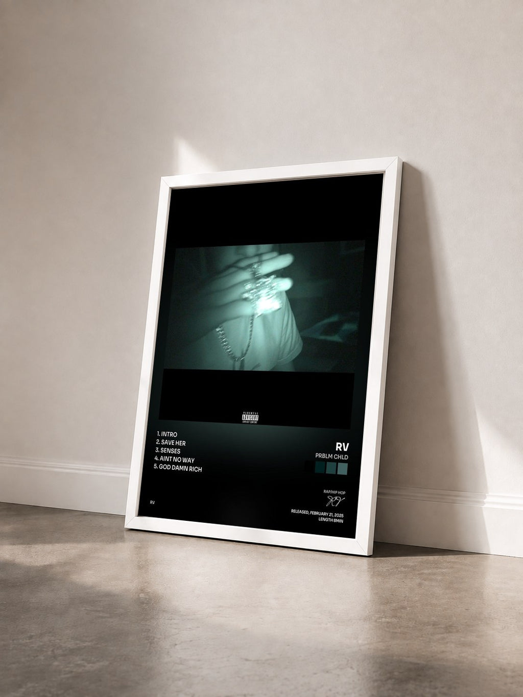 #blanc Tableau de l'album PRBLM CHLD de RV vu de trois quarts, cadre blanc