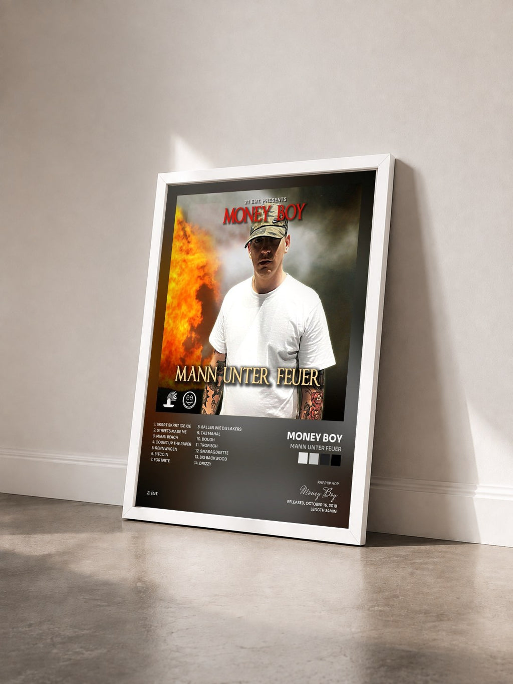 #blanc Tableau de l'album Mann unter Feuer de Money Boy vu de trois quarts, cadre blanc