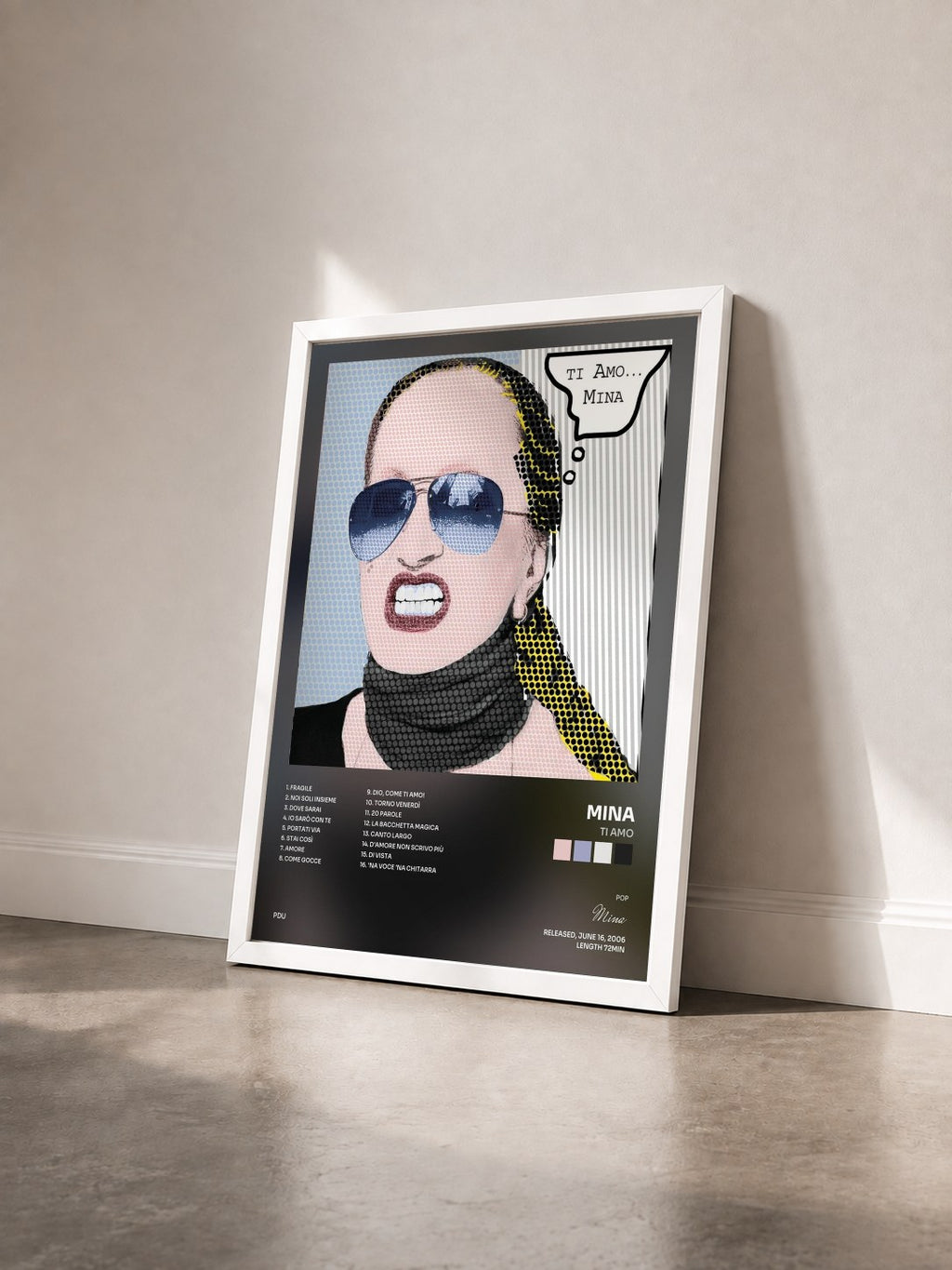 #blanc Tableau de l'album Ti Amo de Mina vu de trois quarts, cadre blanc