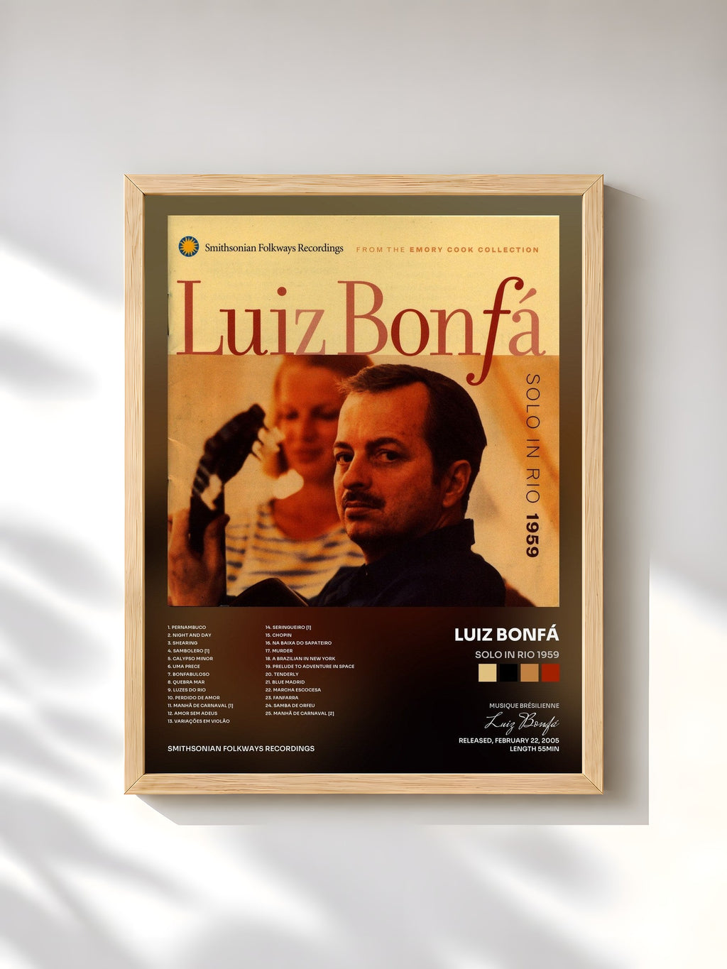 #bois Tableau de l'album Solo in Rio 1959 de Luiz Bonfá, cadre en bois brut, imprimé et encadré en France