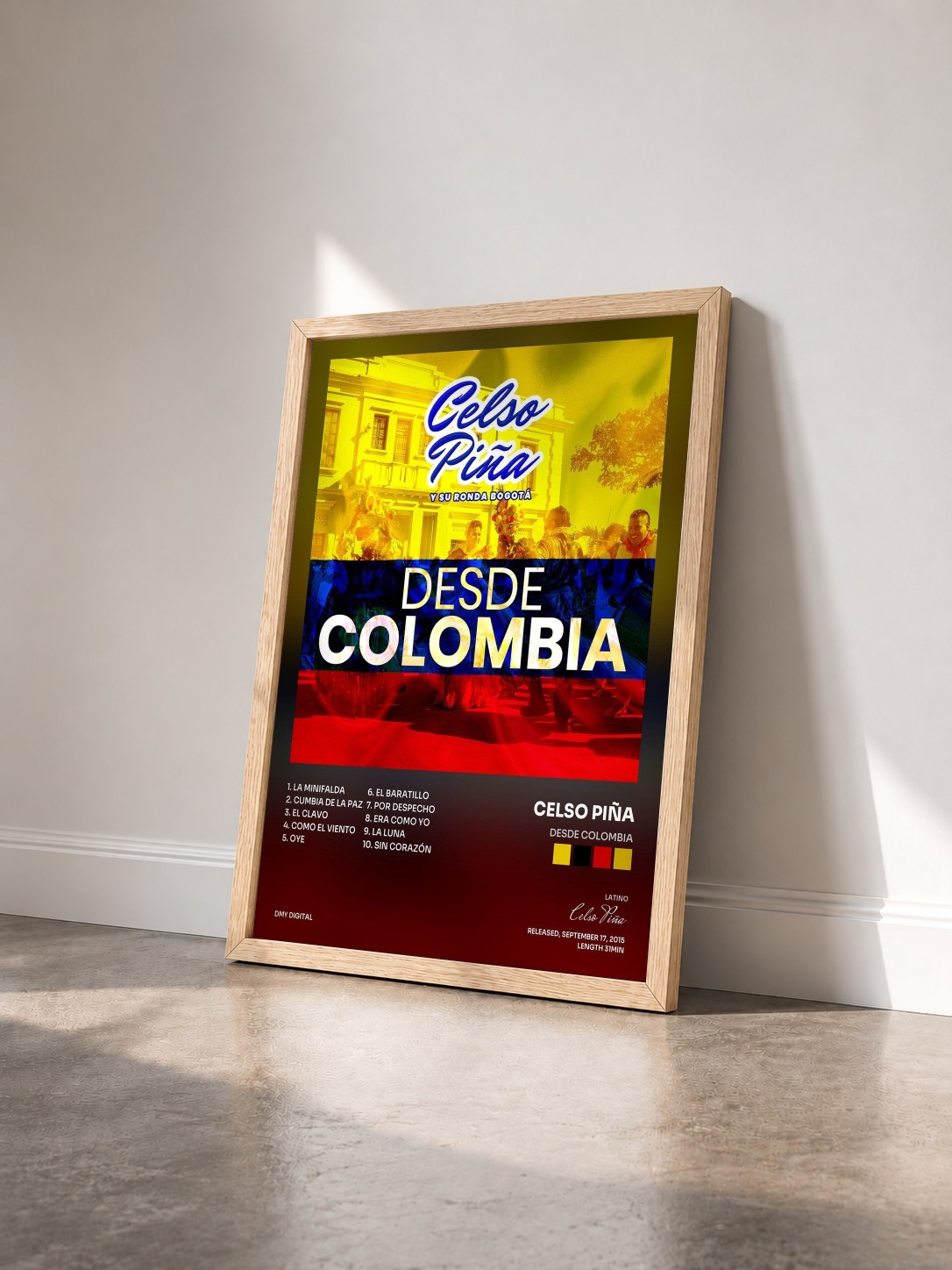 #bois Tableau de l'album Desde Colombia de Celso Piña vu de trois quarts, cadre en bois brut