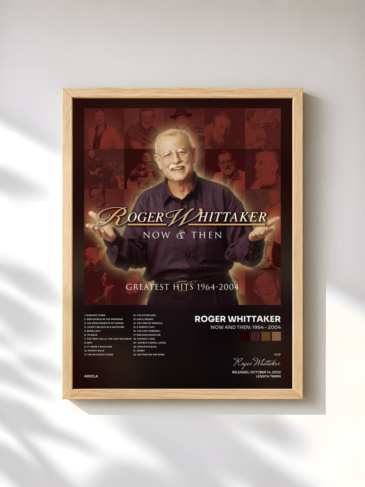 #bois Tableau de l'album Now and Then: 1964 - 2004 de Roger Whittaker, cadre en bois brut, imprimé et encadré en France