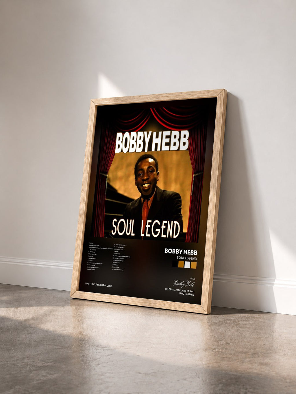 #bois Tableau de l'album Soul Legend de Bobby Hebb vu de trois quarts, cadre en bois brut