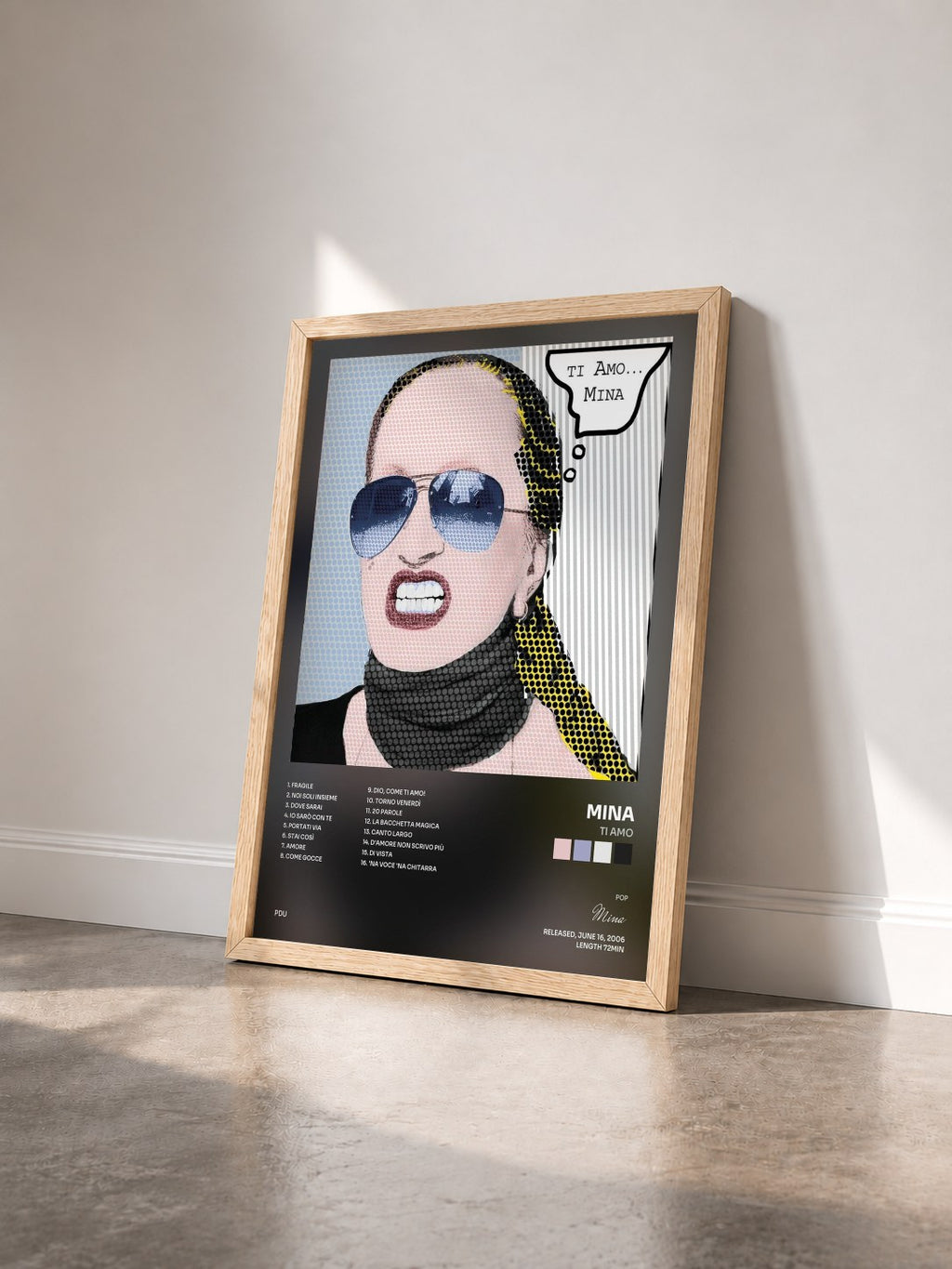 #bois Tableau de l'album Ti Amo de Mina vu de trois quarts, cadre en bois brut