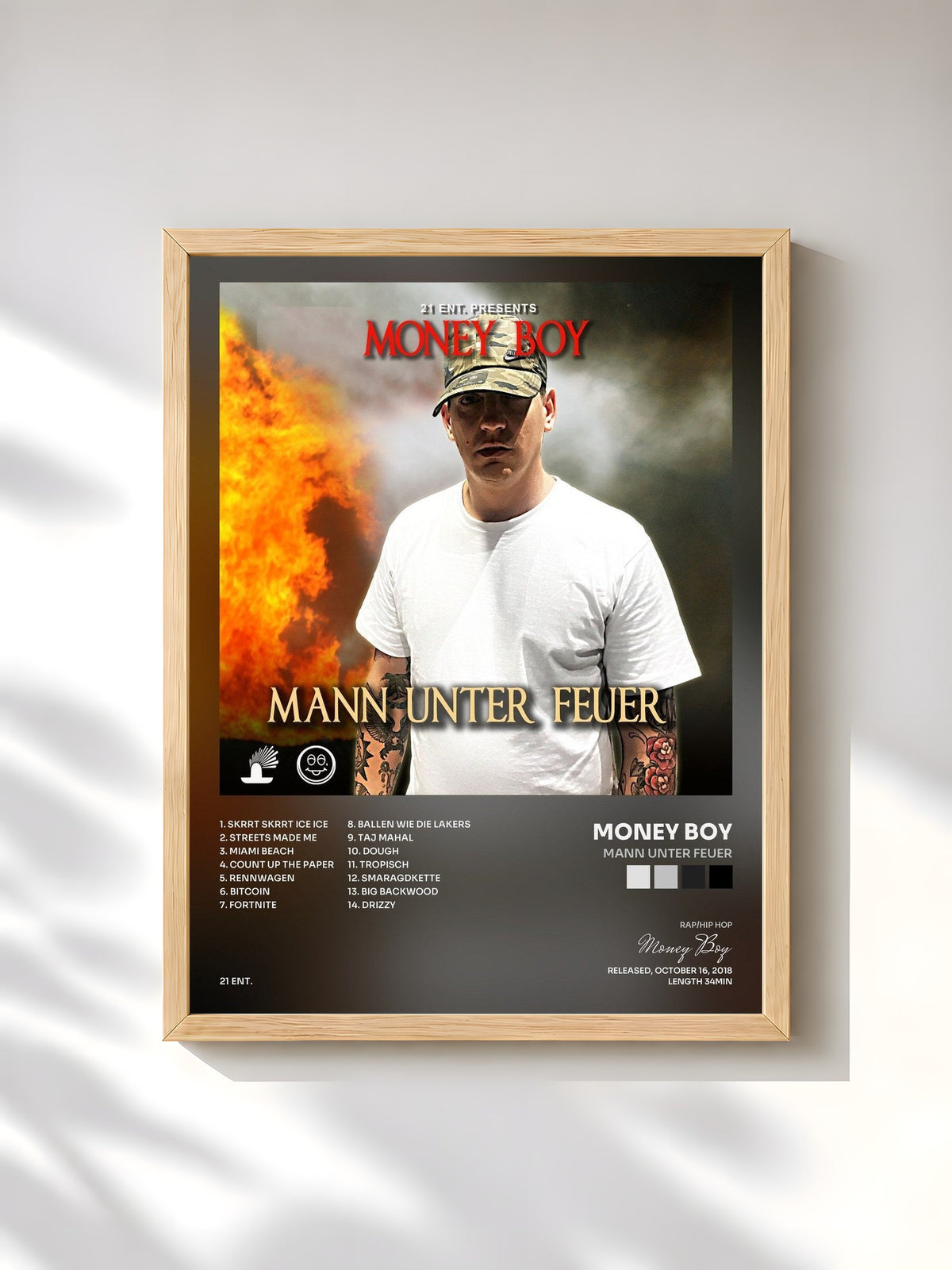 #bois Tableau de l'album Mann unter Feuer de Money Boy, cadre en bois brut, imprimé et encadré en France
