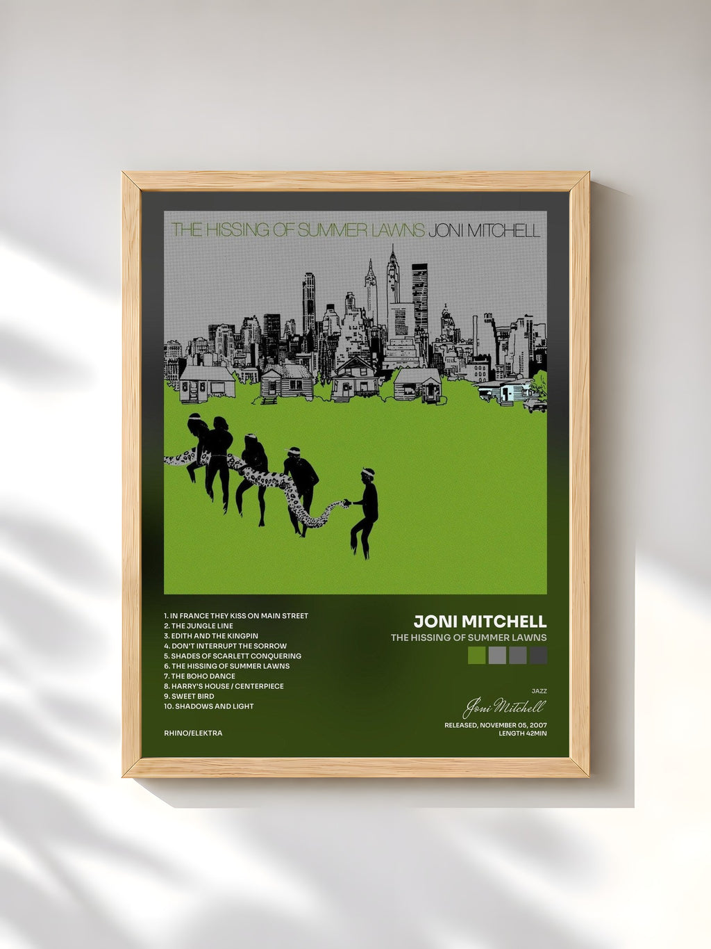 #bois Tableau de l'album The Hissing of Summer Lawns de Joni Mitchell, cadre en bois brut, imprimé et encadré en France
