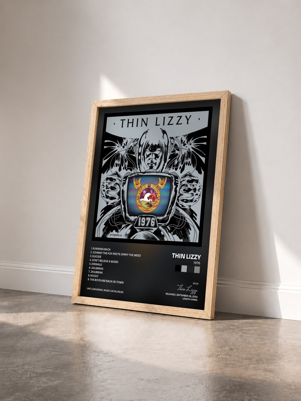 #bois Tableau de l'album 1976 de Thin Lizzy vu de trois quarts, cadre en bois brut