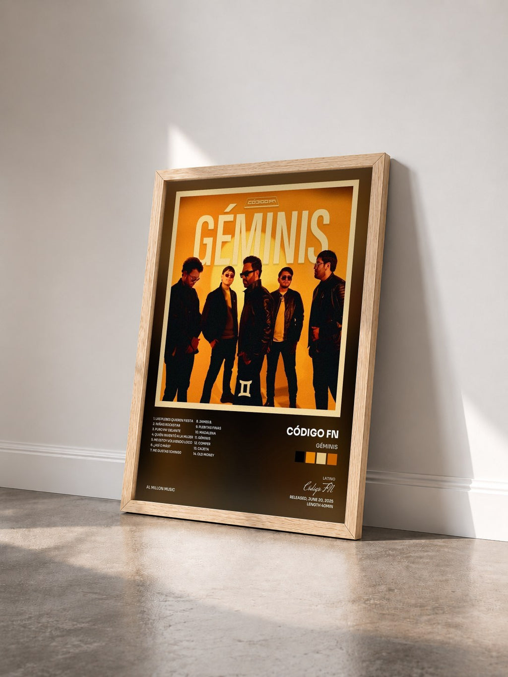 #bois Tableau de l'album Géminis de Código FN vu de trois quarts, cadre en bois brut