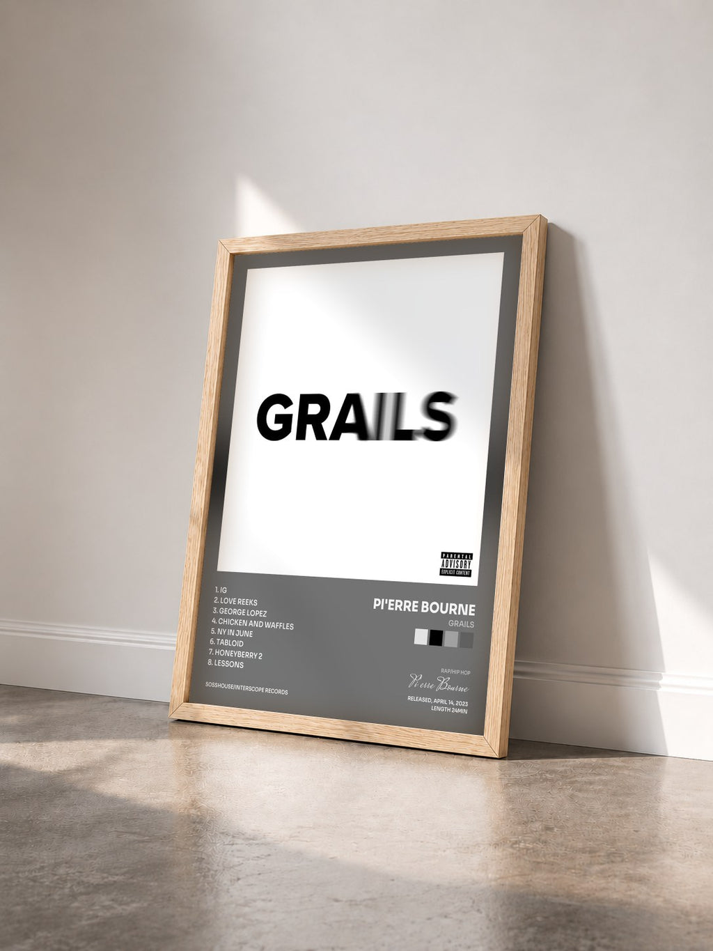 #bois Tableau de l'album Grails de Pi'erre Bourne vu de trois quarts, cadre en bois brut