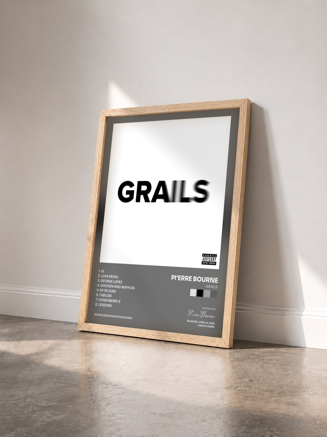 #bois Tableau de l'album Grails de Pi'erre Bourne vu de trois quarts, cadre en bois brut