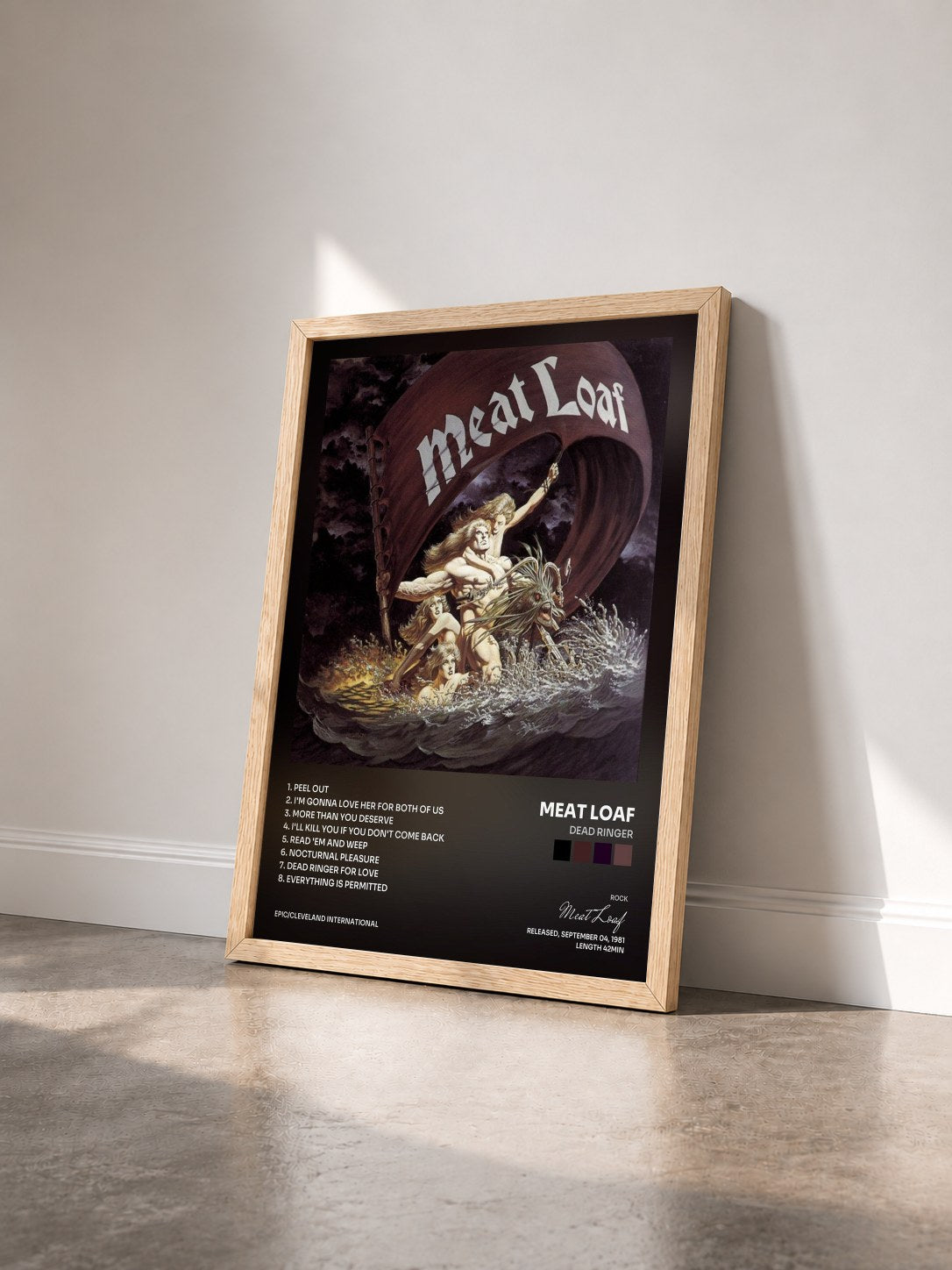 #bois Tableau de l'album Dead Ringer de Meat Loaf vu de trois quarts, cadre en bois brut