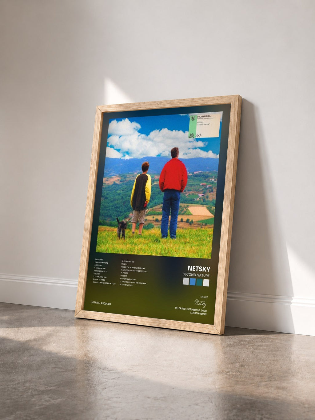 #bois Tableau de l'album Second Nature de Netsky vu de trois quarts, cadre en bois brut