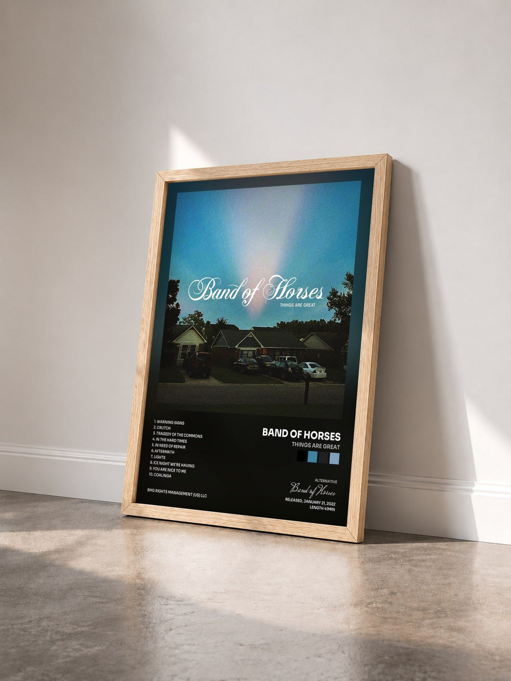 #bois Tableau de l'album Things Are Great de Band of Horses vu de trois quarts, cadre en bois brut