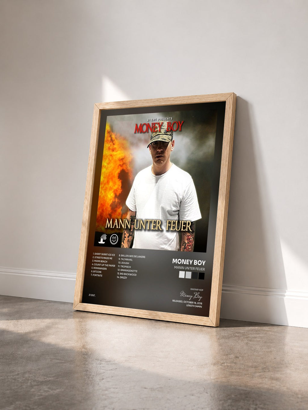 #bois Tableau de l'album Mann unter Feuer de Money Boy vu de trois quarts, cadre en bois brut