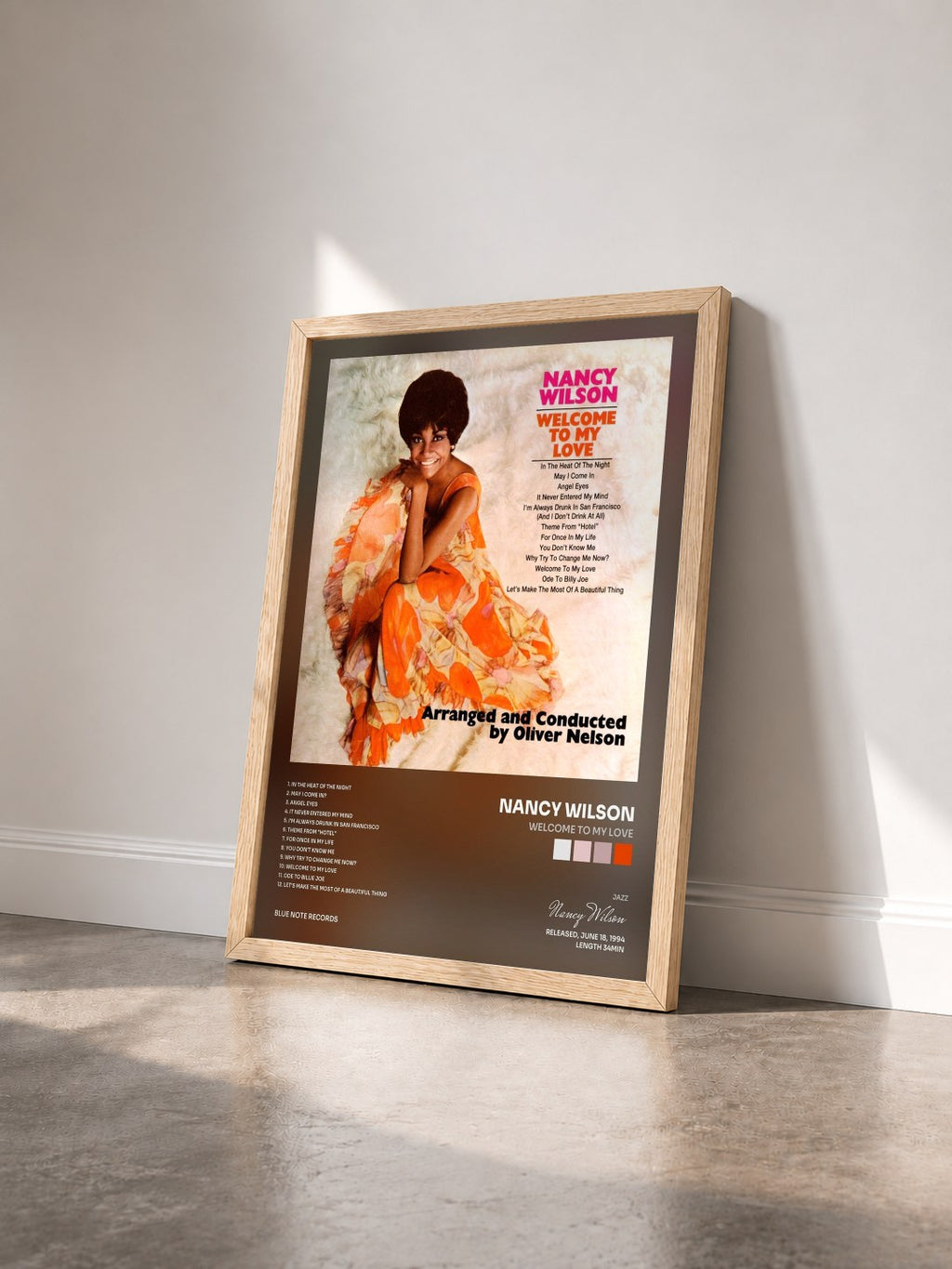 #bois Tableau de l'album Welcome To My Love de Nancy Wilson vu de trois quarts, cadre en bois brut