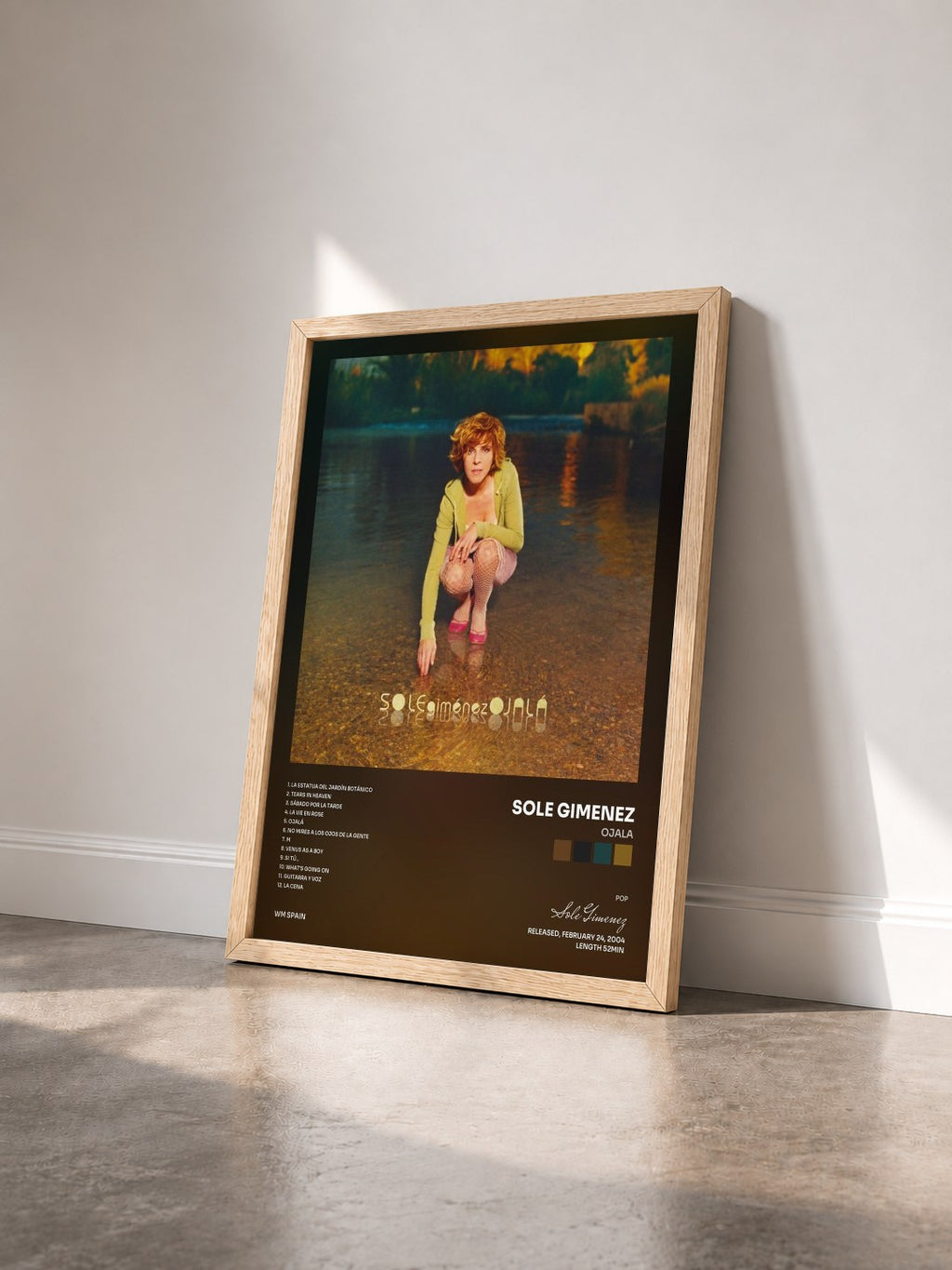#bois Tableau de l'album Ojala de Sole Gimenez vu de trois quarts, cadre en bois brut