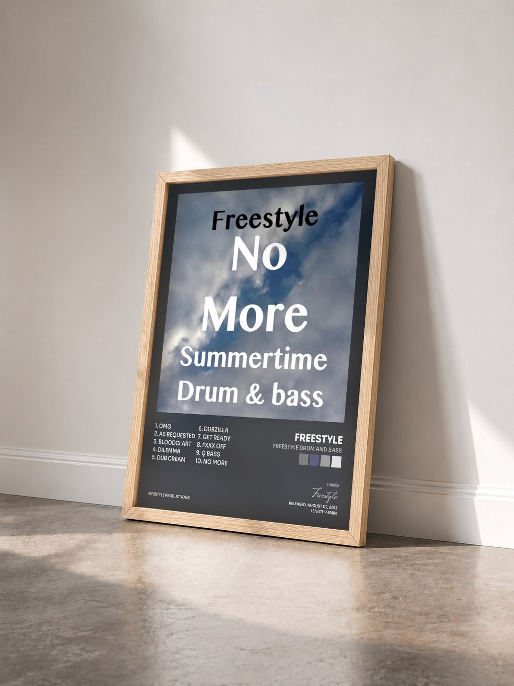 #bois Tableau de l'album Freestyle drum and bass de Freestyle vu de trois quarts, cadre en bois brut
