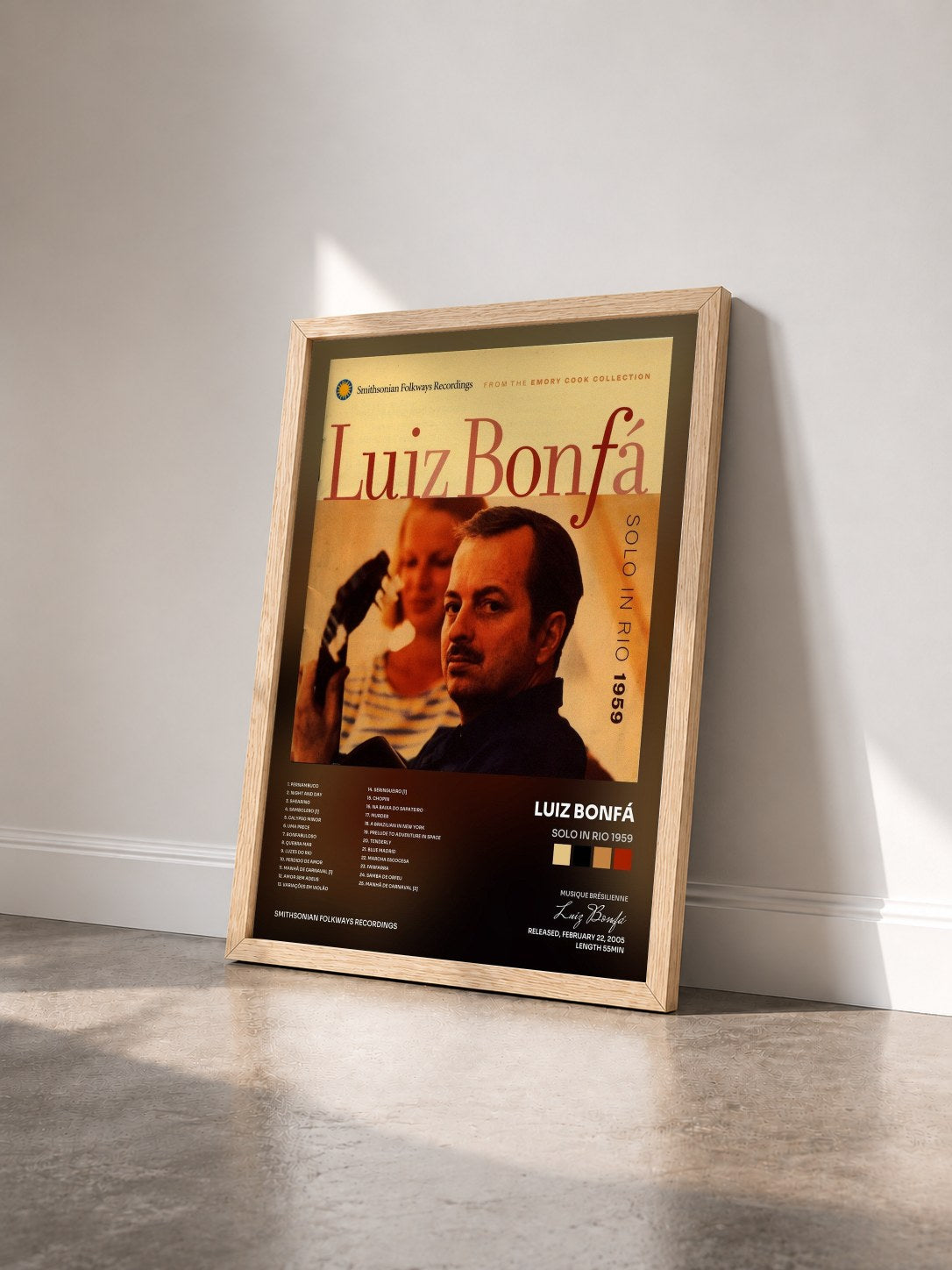 #bois Tableau de l'album Solo in Rio 1959 de Luiz Bonfá vu de trois quarts, cadre en bois brut