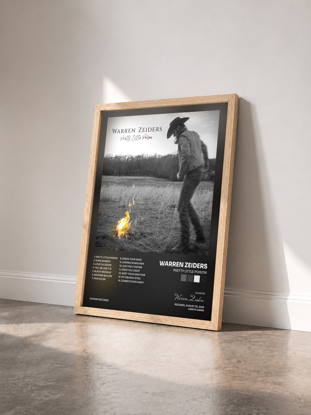 #bois Tableau de l'album Pretty Little Poison de Warren Zeiders vu de trois quarts, cadre en bois brut