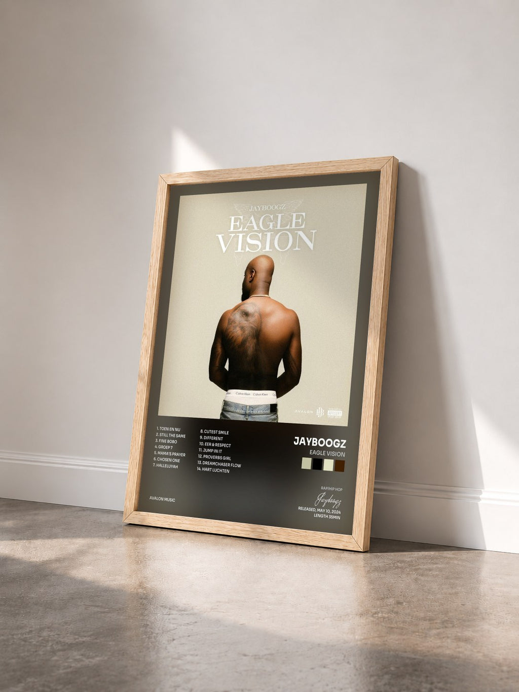 #bois Tableau de l'album Eagle Vision de Jayboogz vu de trois quarts, cadre en bois brut