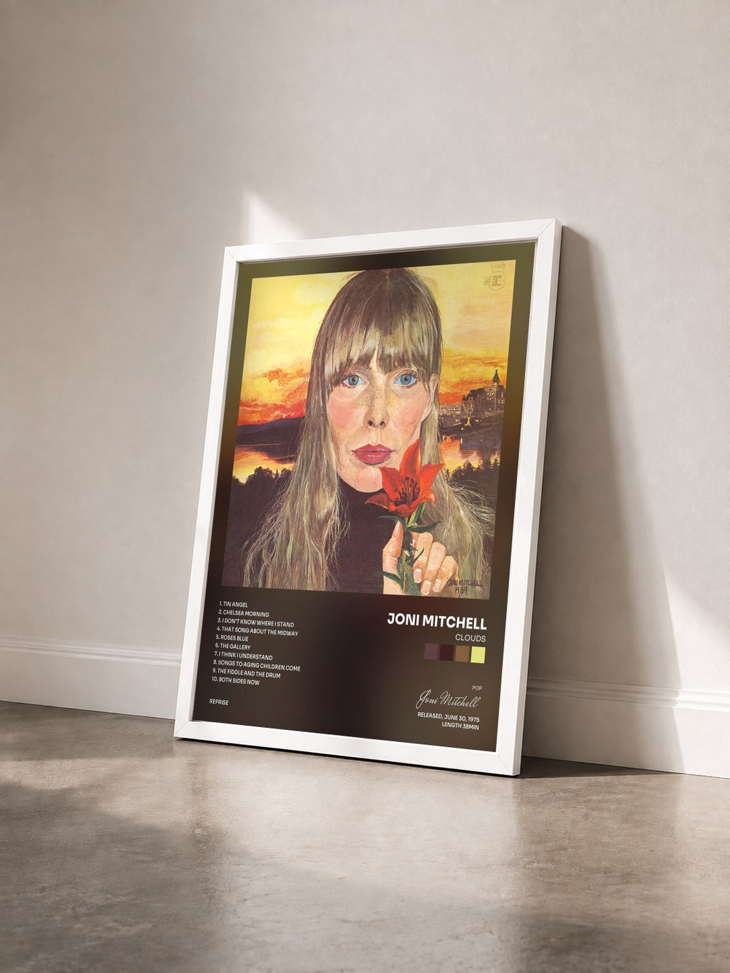 #blanc Tableau de l'album Clouds de Joni Mitchell vu de trois quarts, cadre blanc