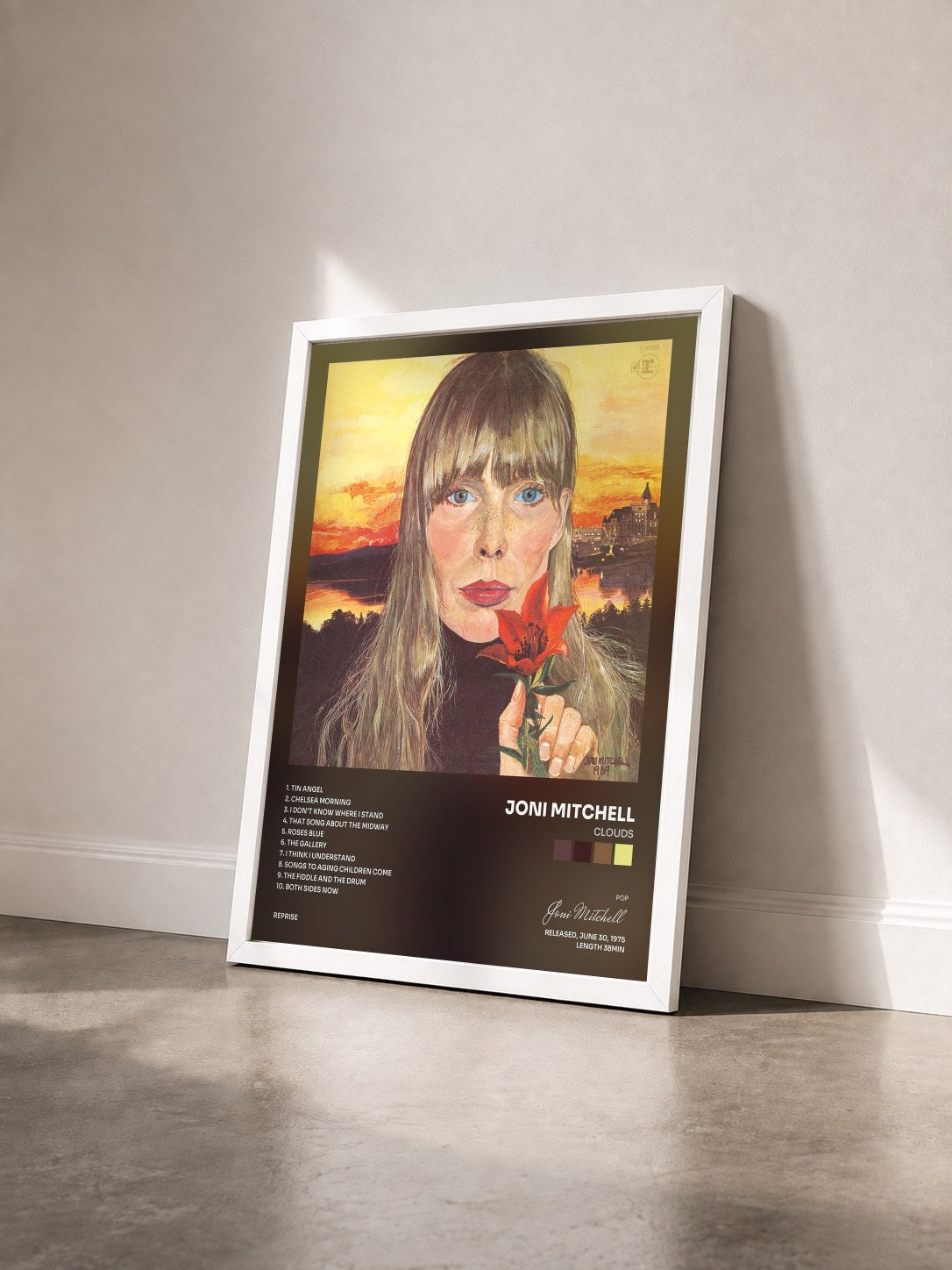 #blanc Tableau de l'album Clouds de Joni Mitchell vu de trois quarts, cadre blanc