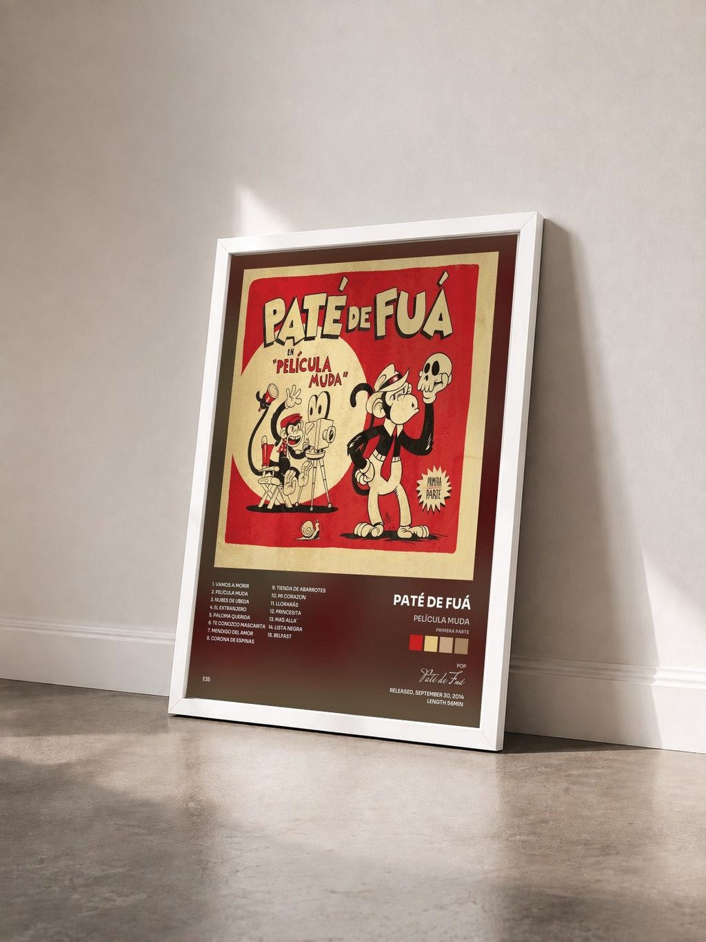#blanc Tableau de l'album Película Muda (Primera Parte) de Paté de Fuá vu de trois quarts, cadre blanc