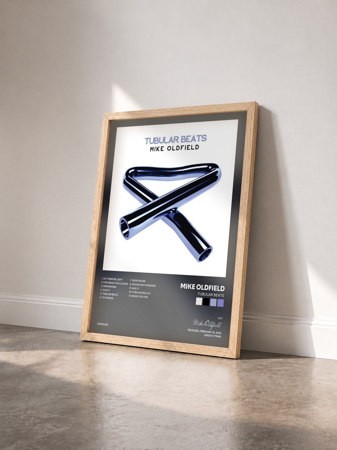 #bois Tableau de l'album Tubular Beats de Mike Oldfield vu de trois quarts, cadre en bois brut