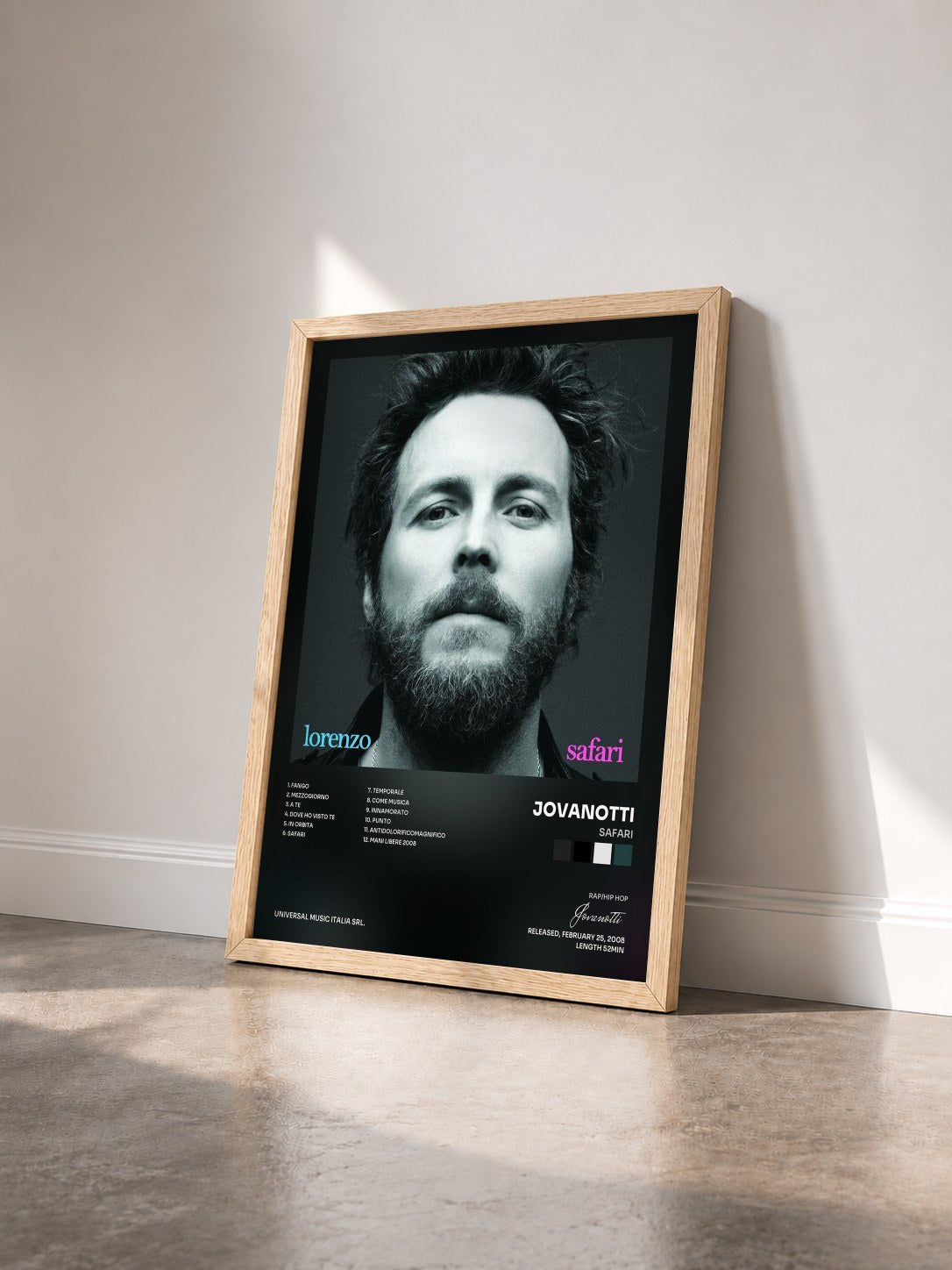 #bois Tableau de l'album Safari de Jovanotti vu de trois quarts, cadre en bois brut