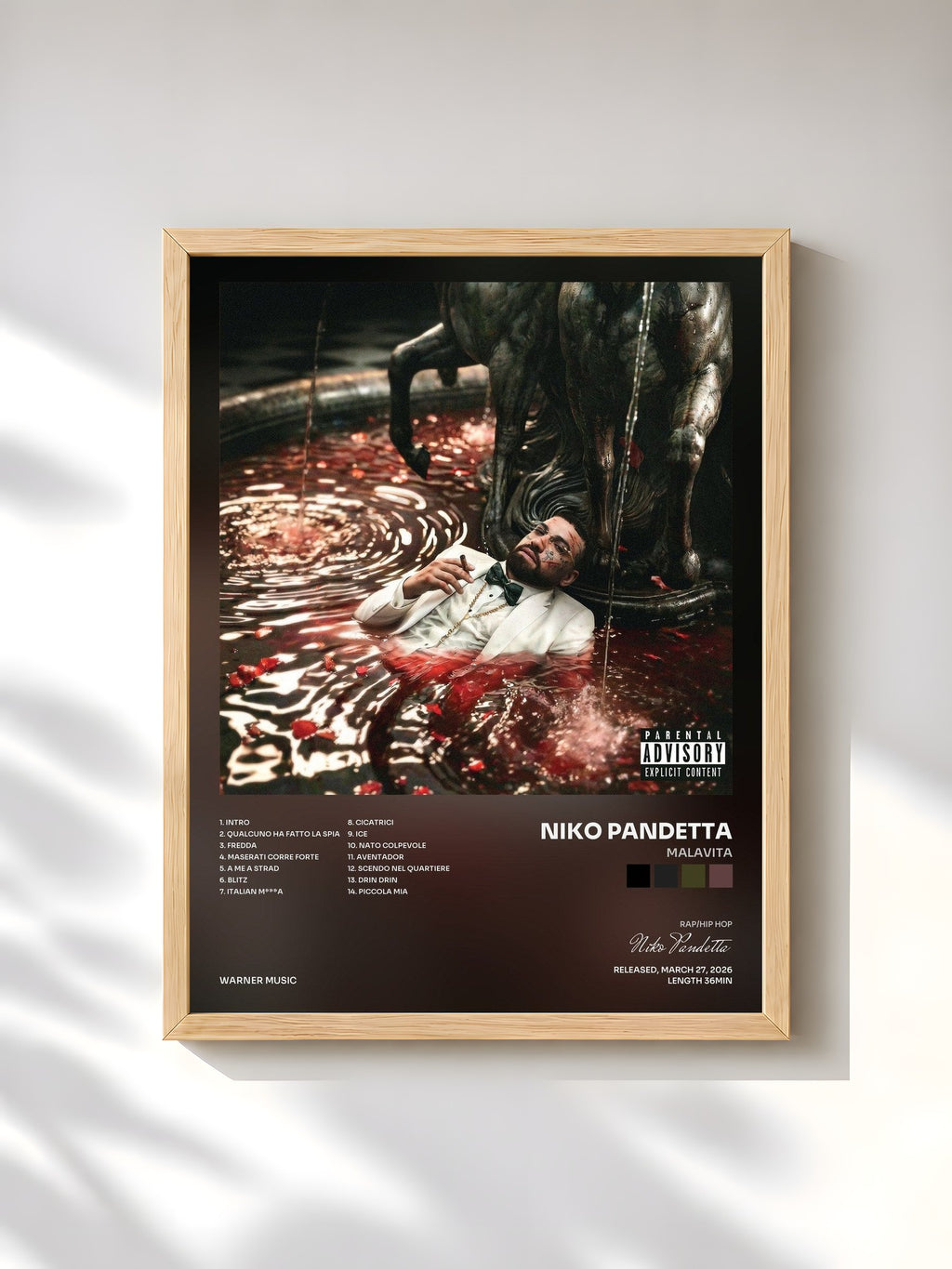 #bois Tableau de l'album MALAVITA de Niko Pandetta, cadre en bois brut, imprimé et encadré en France