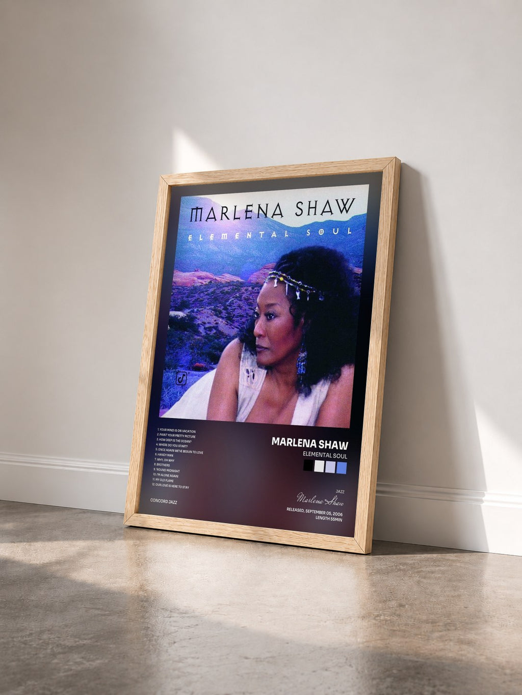 #bois Tableau de l'album Elemental Soul de Marlena Shaw vu de trois quarts, cadre en bois brut