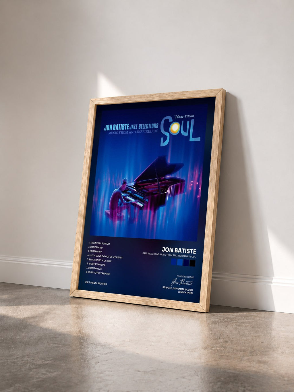 #bois Tableau de l'album Jazz Selections: Music From and Inspired by Soul de Jon Batiste vu de trois quarts, cadre en bois brut