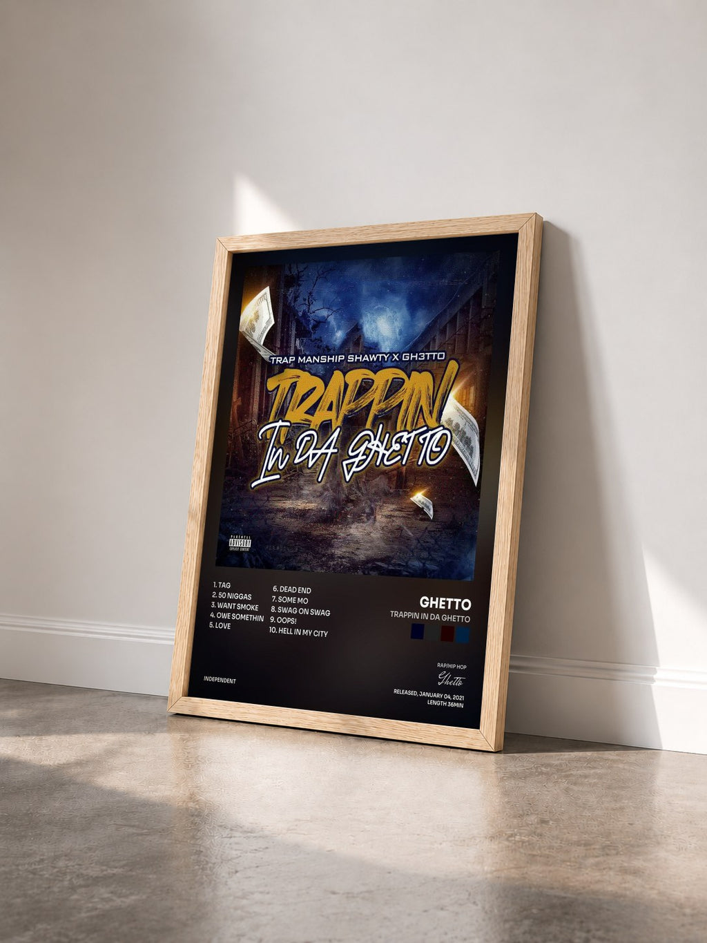 #bois Tableau de l'album Trappin In Da Ghetto de Ghetto vu de trois quarts, cadre en bois brut