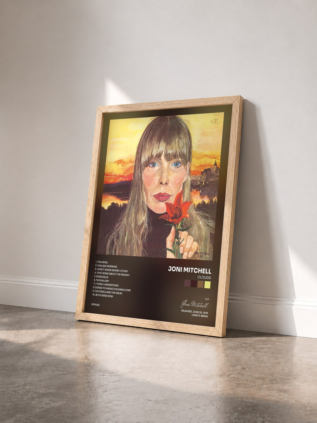 #bois Tableau de l'album Clouds de Joni Mitchell vu de trois quarts, cadre en bois brut